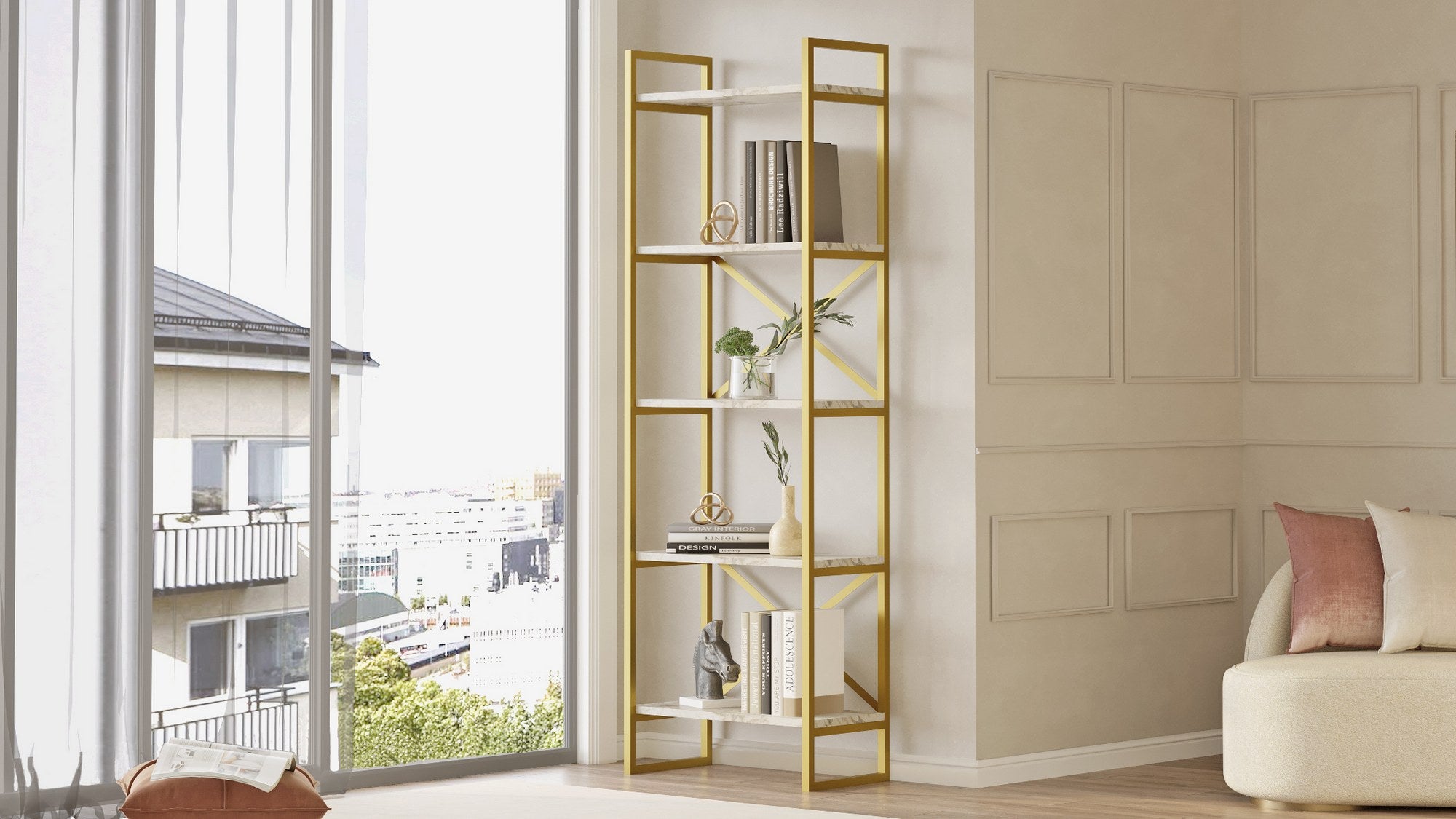 Estante de livros – 58 x 30 x 175 cm – Mármore e dourado – Aglomerado 100% revestido a melamina