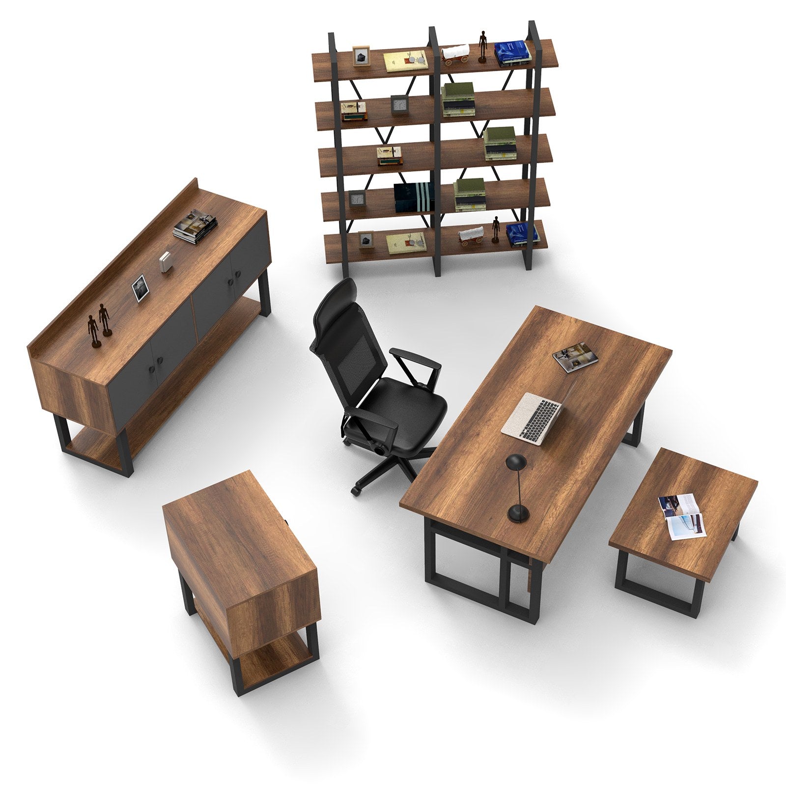 Conjunto de móveis de escritório elegantes, barrocos e antracite, 100% revestidos em melamina, inclui escrivaninha, mesa, gaveta, aparador e estante | Design moderno