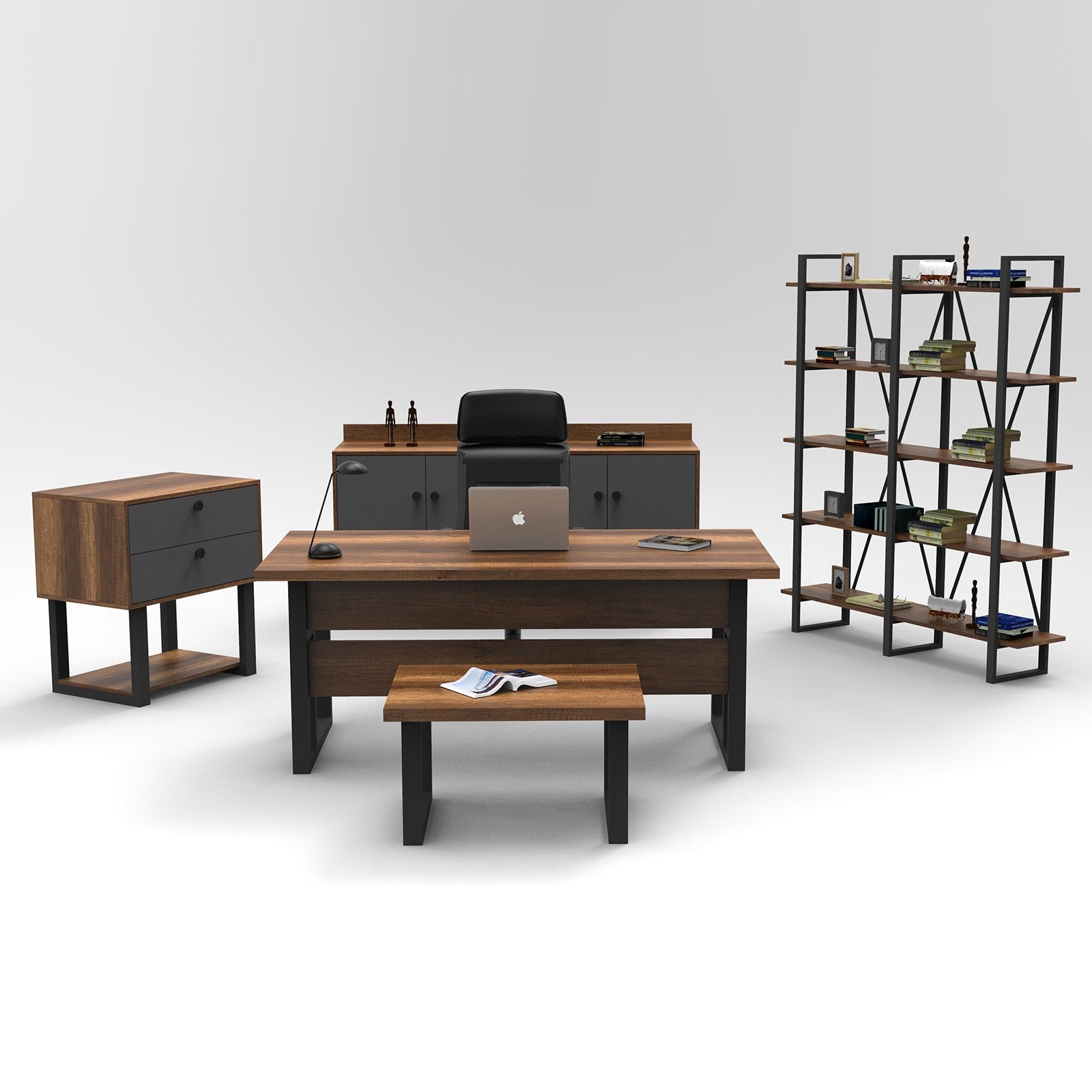 Conjunto de móveis de escritório elegantes, barrocos e antracite, 100% revestidos em melamina, inclui escrivaninha, mesa, gaveta, aparador e estante | Design moderno