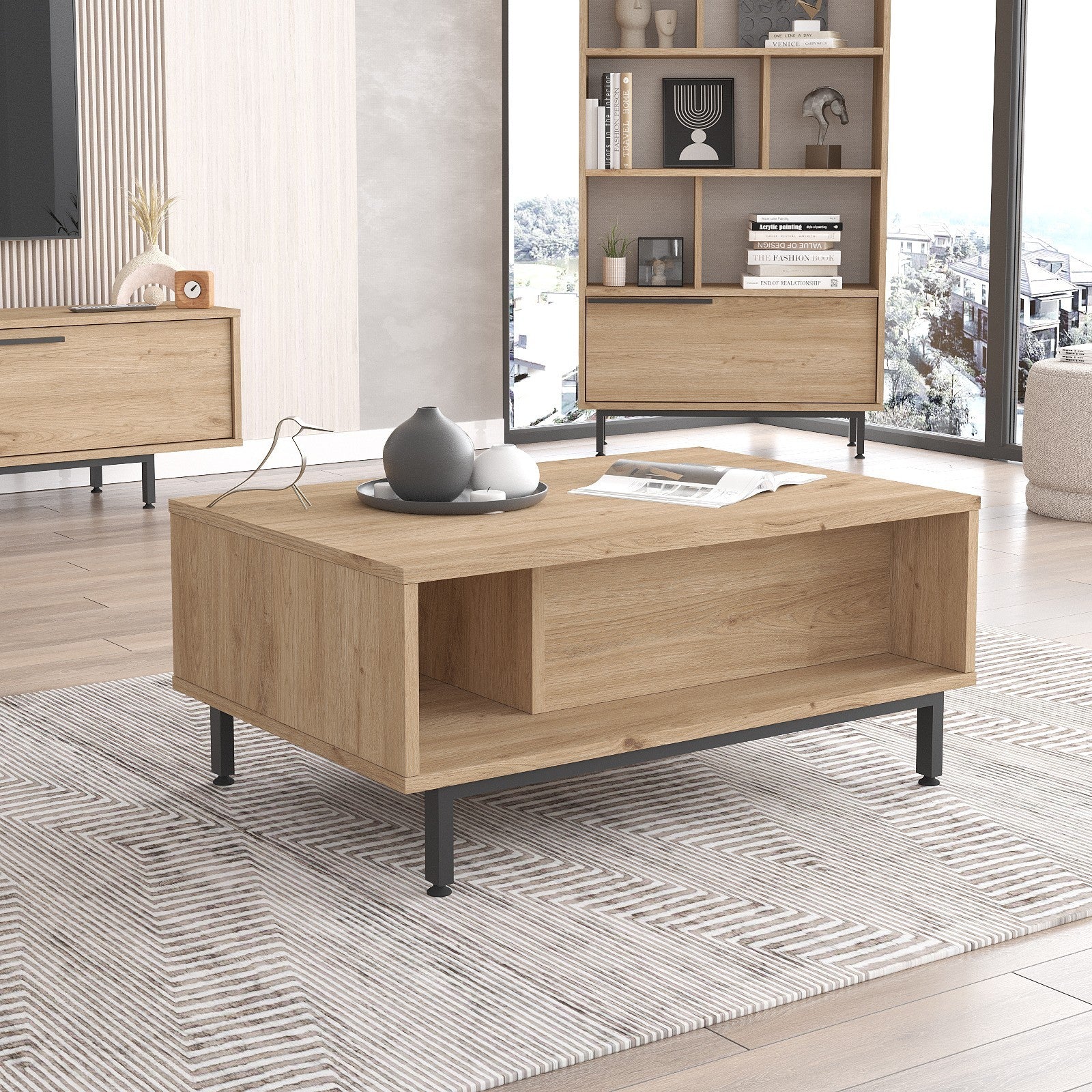 Mesa de centro elegante em nogueira, 90 x 60 x 37,6 cm | Painel de partículas 100% revestido em melamina, 18 mm de espessura | Pernas de metal resistentes, perfeita para espaços modernos