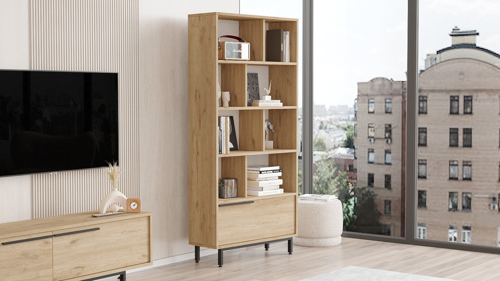 Estante elegante em painel de partículas revestido a melamina – 83,9 x 175,6 x 29,5 cm – nogueira – metal