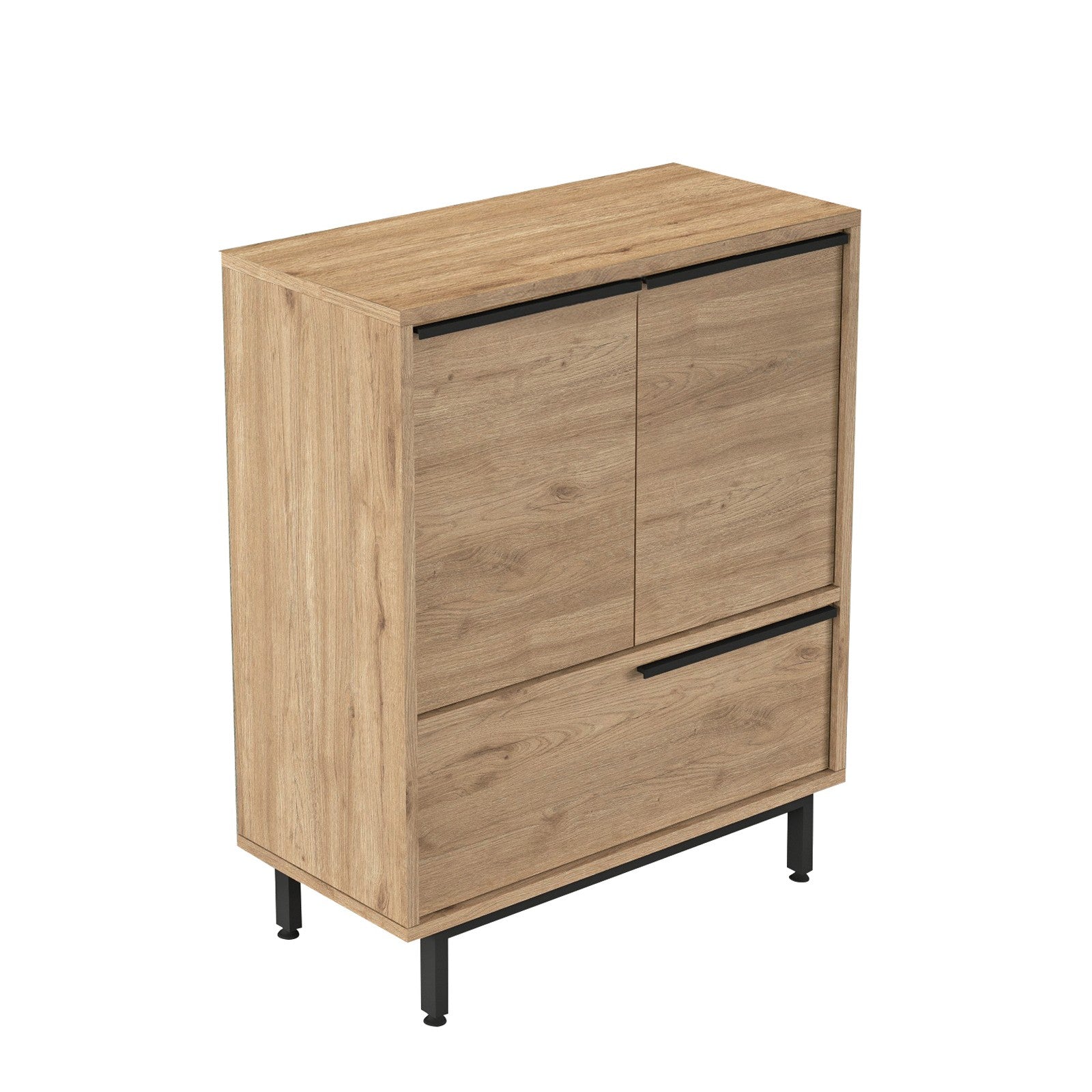Sapateira estilosa com pés de metal – 74,8 x 90,4 x 35,5 cm – Nogueira – Painel de partículas revestido a melamina