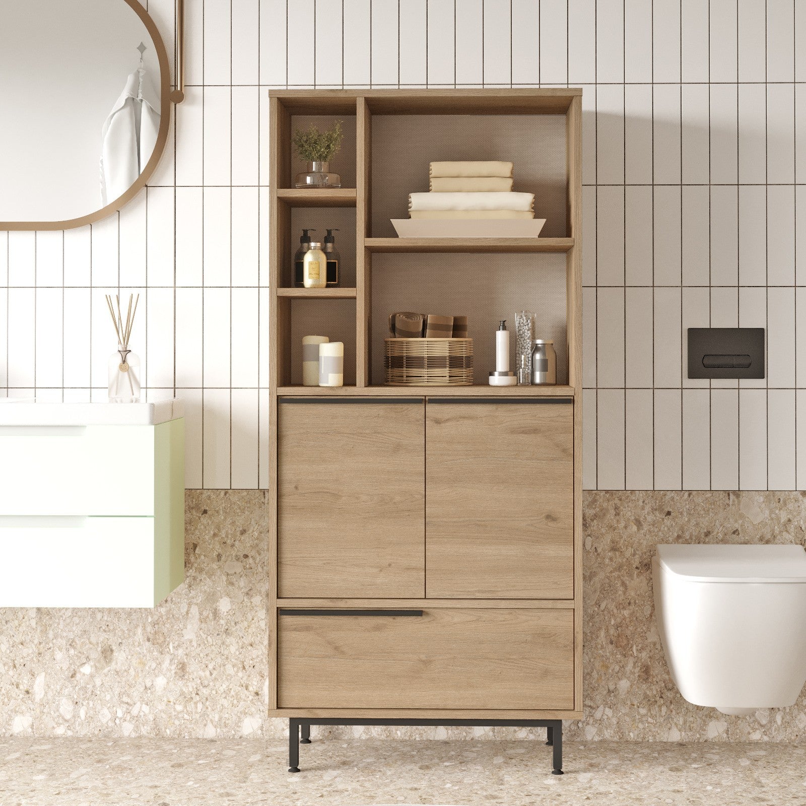 Armário de casa de banho – 74,8 x 161,6 x 35,5 cm – Nogal – Painel de partículas revestido a melamina
