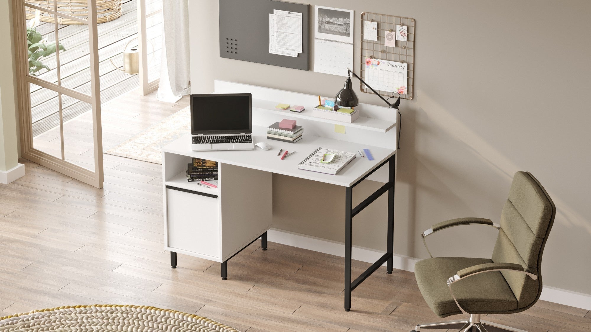 Secretária de Estudo/Escritório Moderna, Branca, 120 x 99,8 x 54,05 cm | Painel de Partículas 100% Revestido em Melamina, 18 mm de Espessura, Pernas de Metal Resistente | Ideal para Escritório em Casa e Estudo