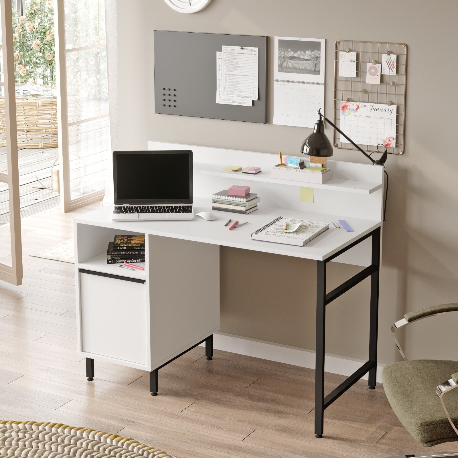 Secretária de Estudo/Escritório Moderna, Branca, 120 x 99,8 x 54,05 cm | Painel de Partículas 100% Revestido em Melamina, 18 mm de Espessura, Pernas de Metal Resistente | Ideal para Escritório em Casa e Estudo