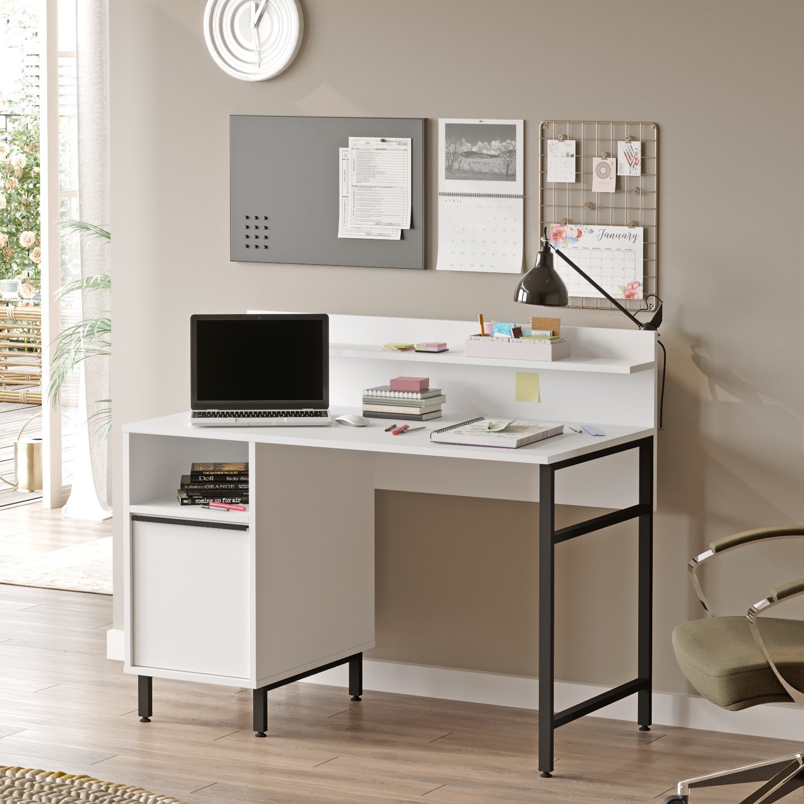 Secretária de Estudo/Escritório Moderna, Branca, 120 x 99,8 x 54,05 cm | Painel de Partículas 100% Revestido em Melamina, 18 mm de Espessura, Pernas de Metal Resistente | Ideal para Escritório em Casa e Estudo