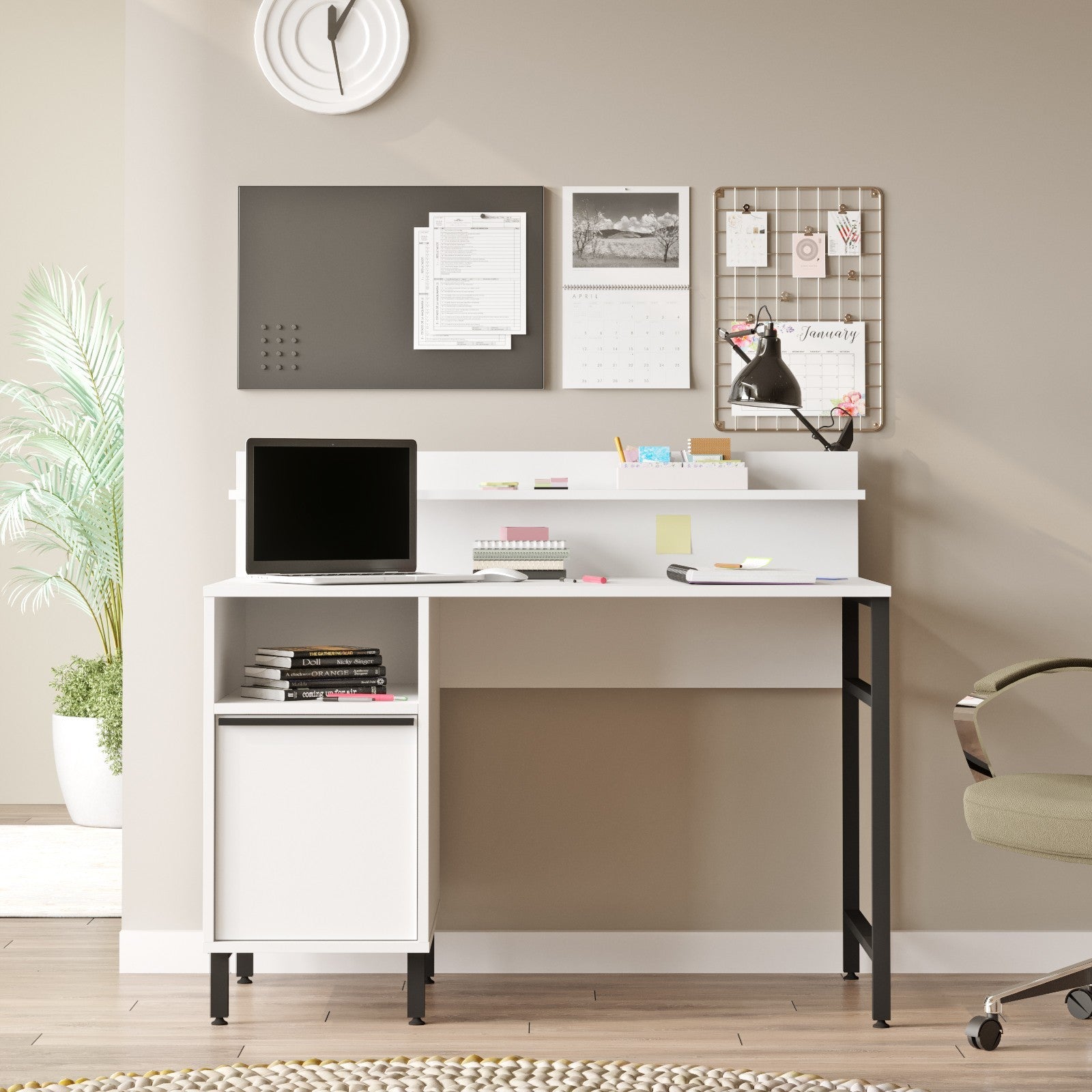 Secretária de Estudo/Escritório Moderna, Branca, 120 x 99,8 x 54,05 cm | Painel de Partículas 100% Revestido em Melamina, 18 mm de Espessura, Pernas de Metal Resistente | Ideal para Escritório em Casa e Estudo
