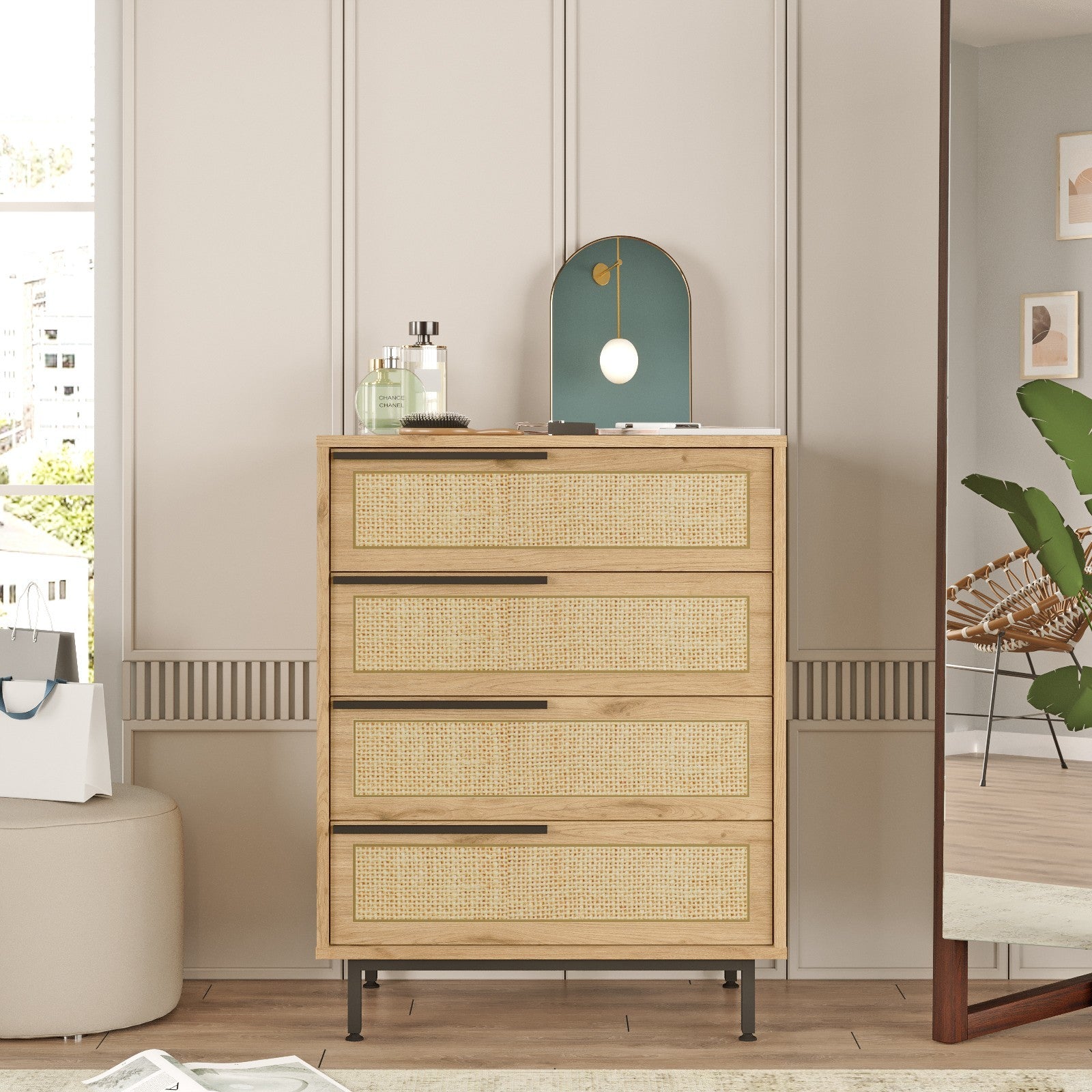 Cômoda estilosa com pernas de metal, acabamento em nogueira e carvalho, 74,8 x 95,1 x 44,5 cm | Painel de partículas 100% revestido em melamina, 18 mm de espessura | Solução de armazenamento moderna