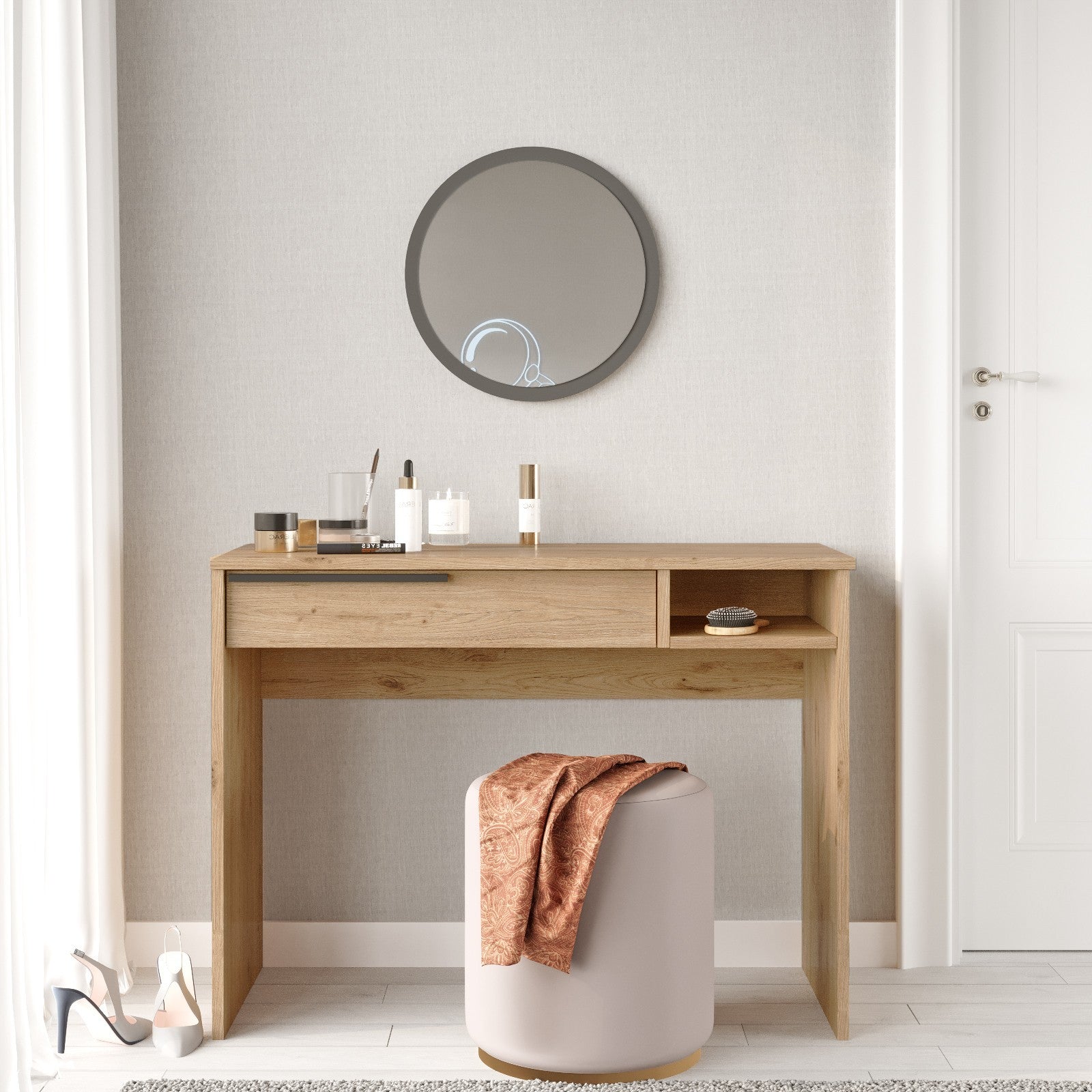 Toucador elegante em nogueira com espelho, 100 cm x 75 cm x 44,5 cm | Painel de partículas 100% revestido em melamina, 18 mm de espessura | Design elegante e funcional para espaços modernos