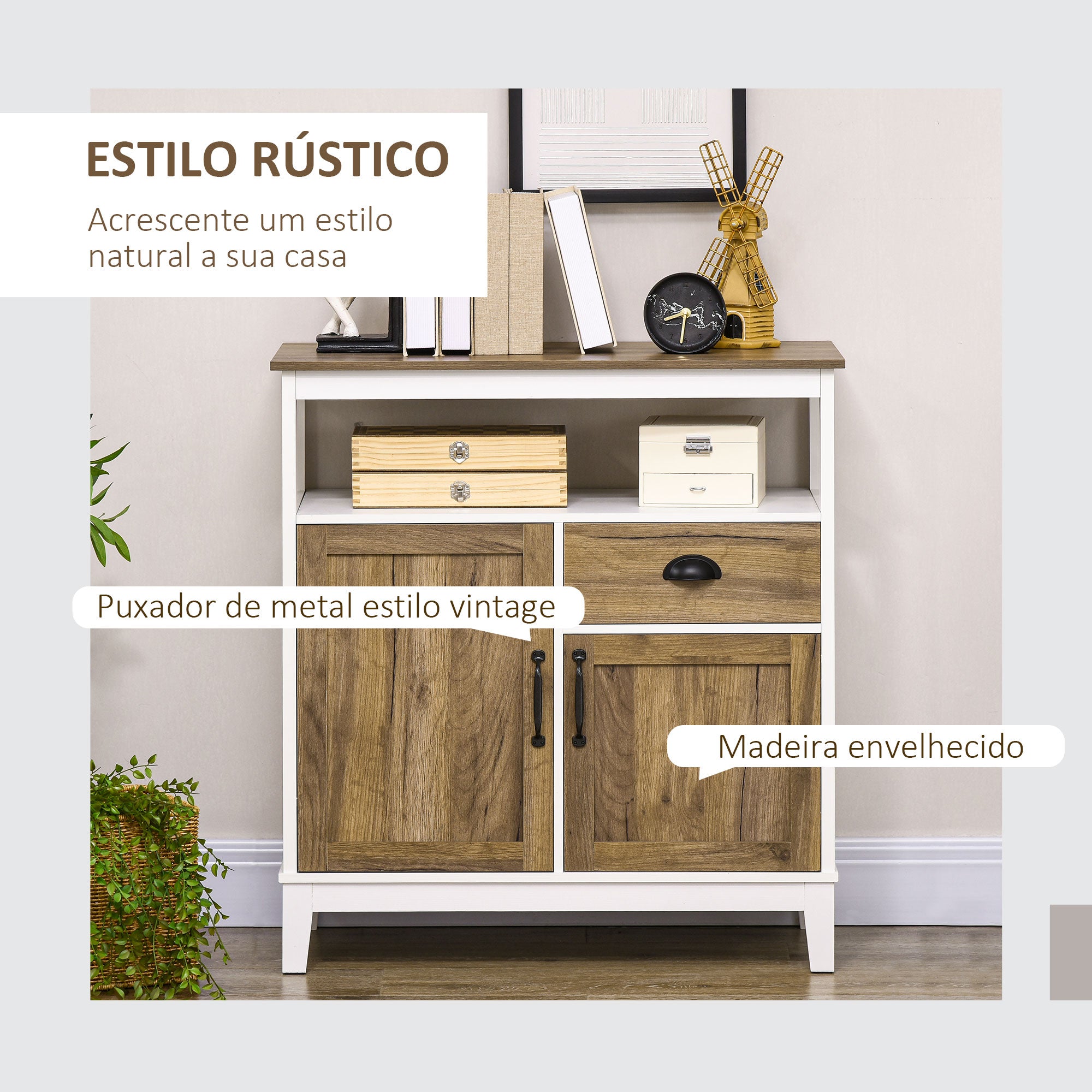 Aparador de Madeira Envelhecida e Branco – 76,6x35x81,5 cm – MDF e Melamina