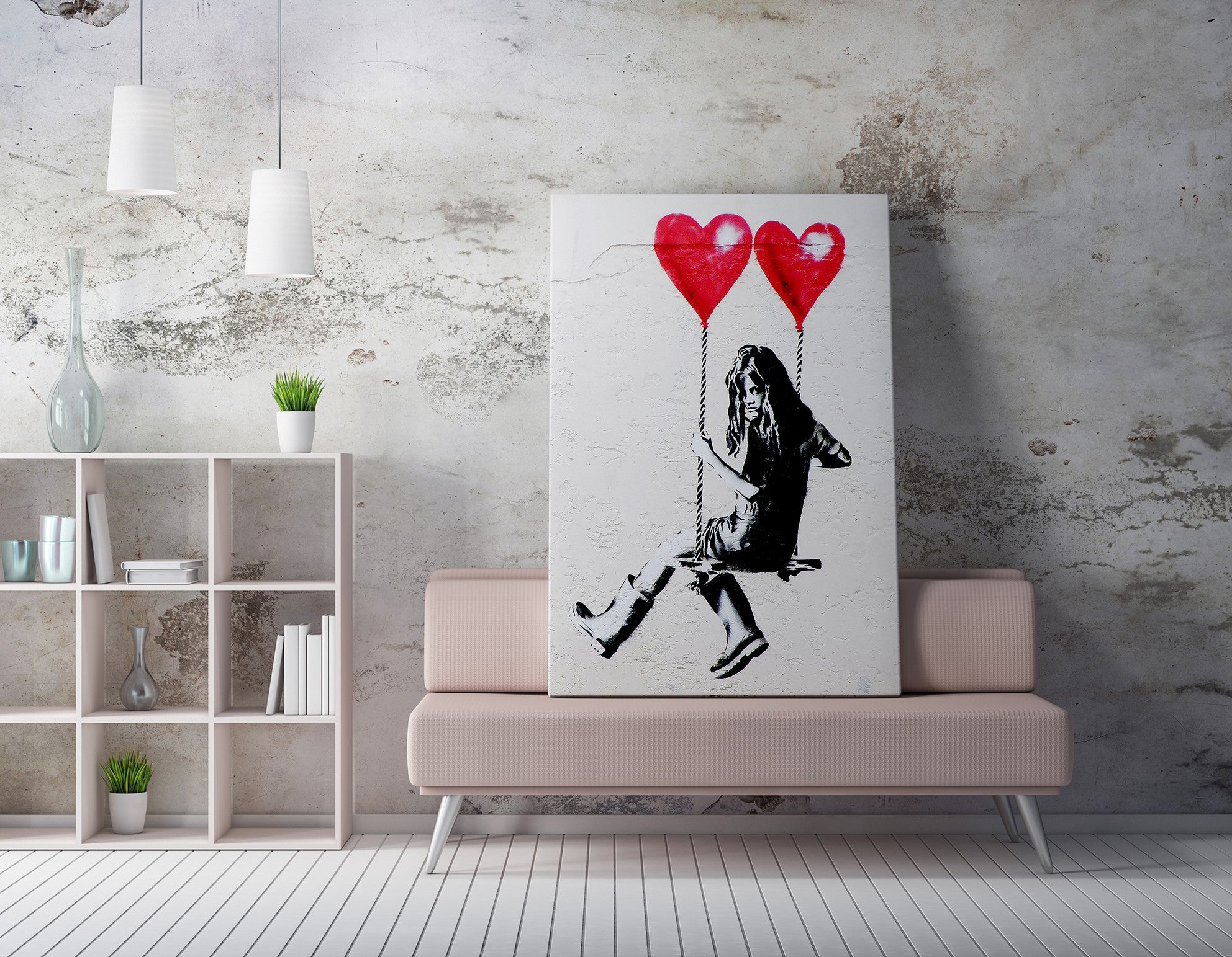 Impressionante tela decorativa de Banksy, 70 x 100 cm, 50% algodão/50% poliéster, emoldurada com moldura de madeira de 2 x 3 cm | Perfeito para decoração moderna