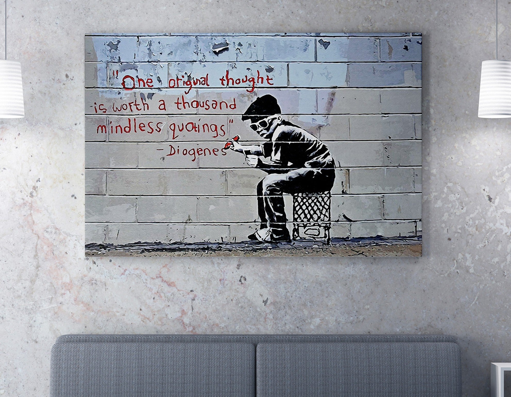 Impressionante tela decorativa de Banksy, 70 x 100 cm, 50% algodão/50% poliéster, emoldurada com moldura de madeira de 2 x 3 cm | Perfeito para decoração moderna