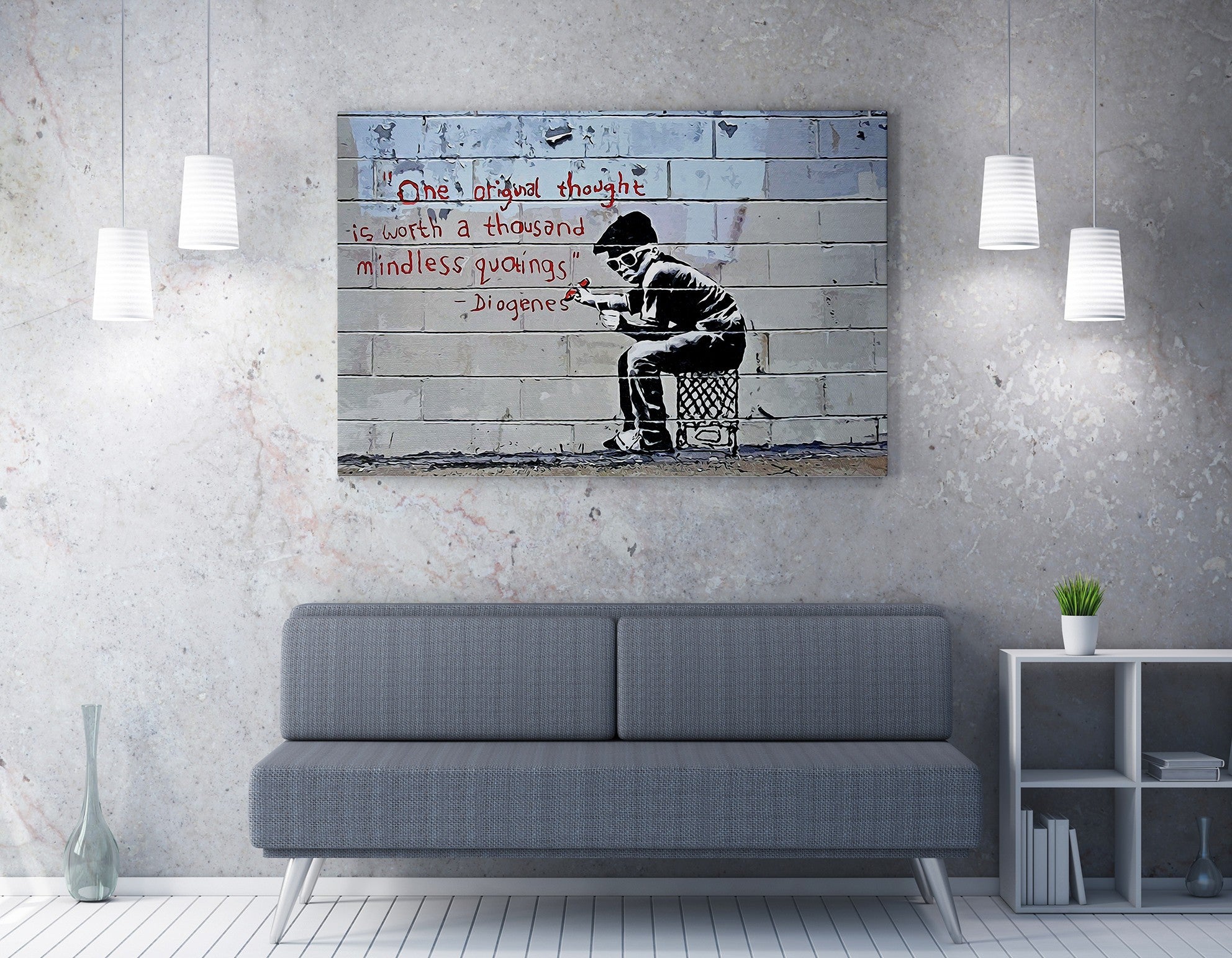 Impressionante tela decorativa de Banksy, 70 x 100 cm, 50% algodão/50% poliéster, emoldurada com moldura de madeira de 2 x 3 cm | Perfeito para decoração moderna