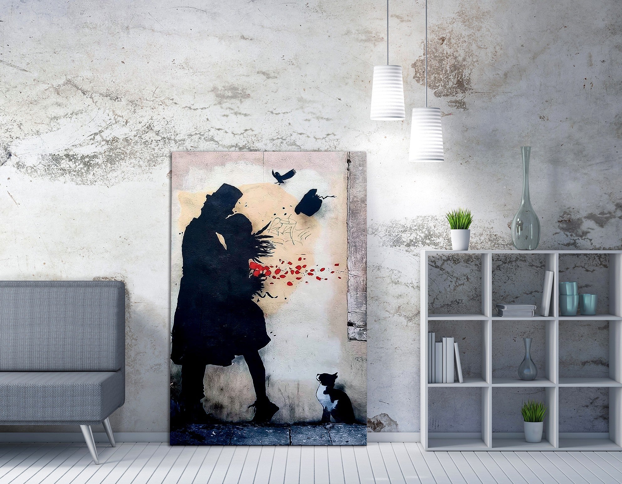 Impressionante tela decorativa de Banksy, 70 x 100 cm, 50% algodão/50% poliéster, emoldurada com moldura de madeira de 2 x 3 cm | Perfeito para decoração moderna