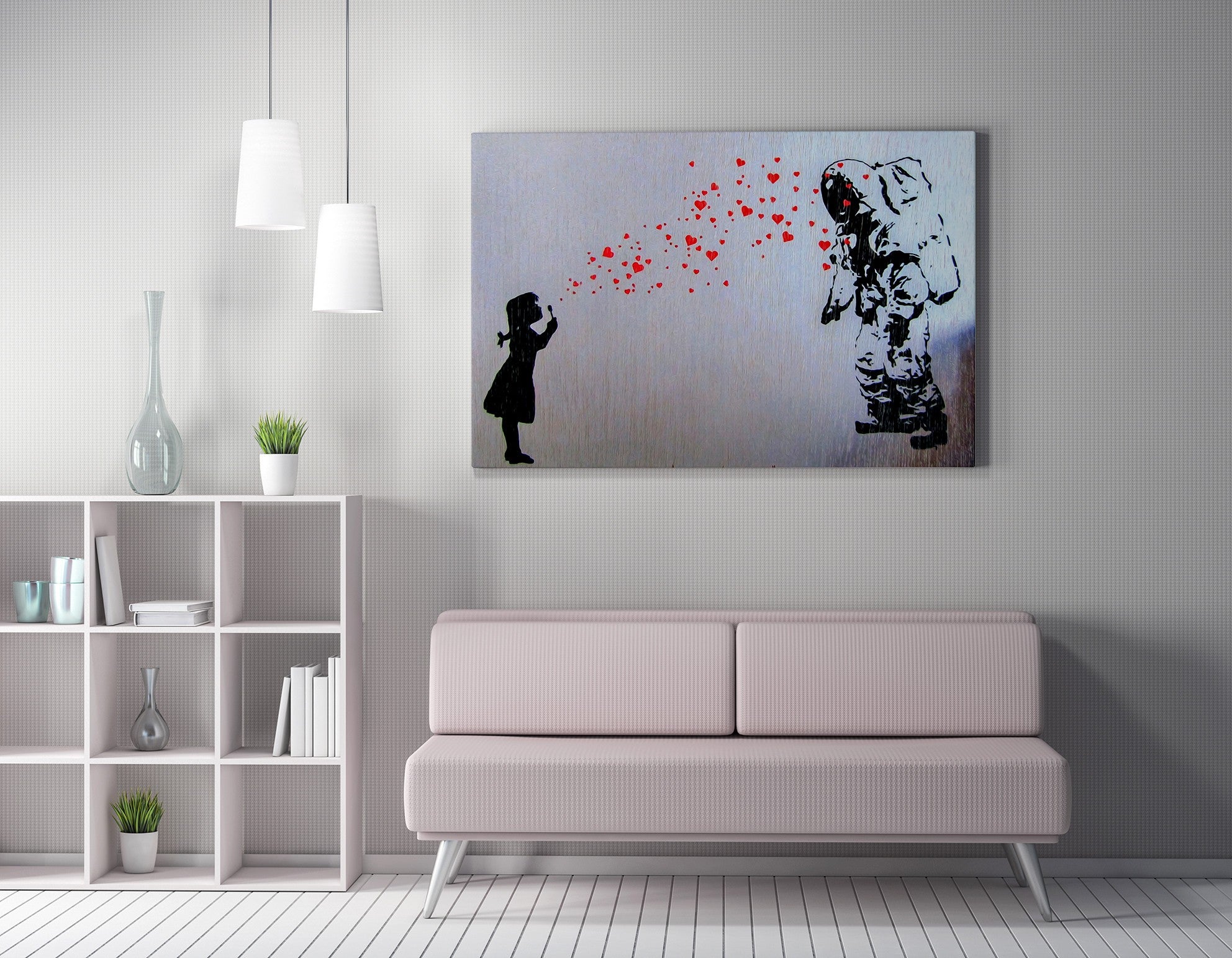 Impressionante tela decorativa de Banksy, 70 x 100 cm, 50% algodão/50% poliéster, emoldurada com moldura de madeira de 2 x 3 cm | Perfeito para decoração moderna