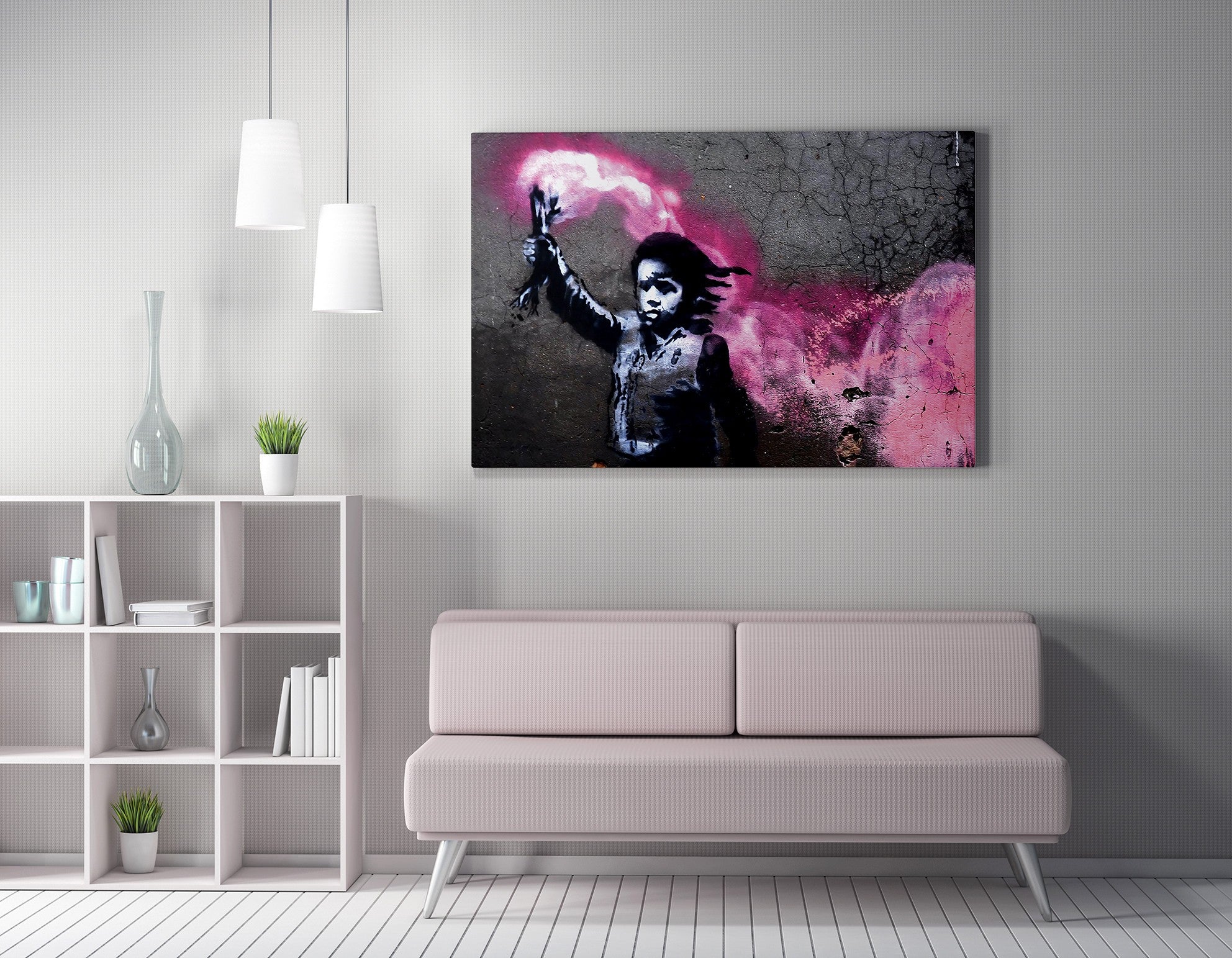 Impressionante tela decorativa de Banksy, 50 x 70 cm, 50% algodão/50% poliéster, emoldurada em madeira de 2 x 3 cm | Perfeito para amantes da arte moderna