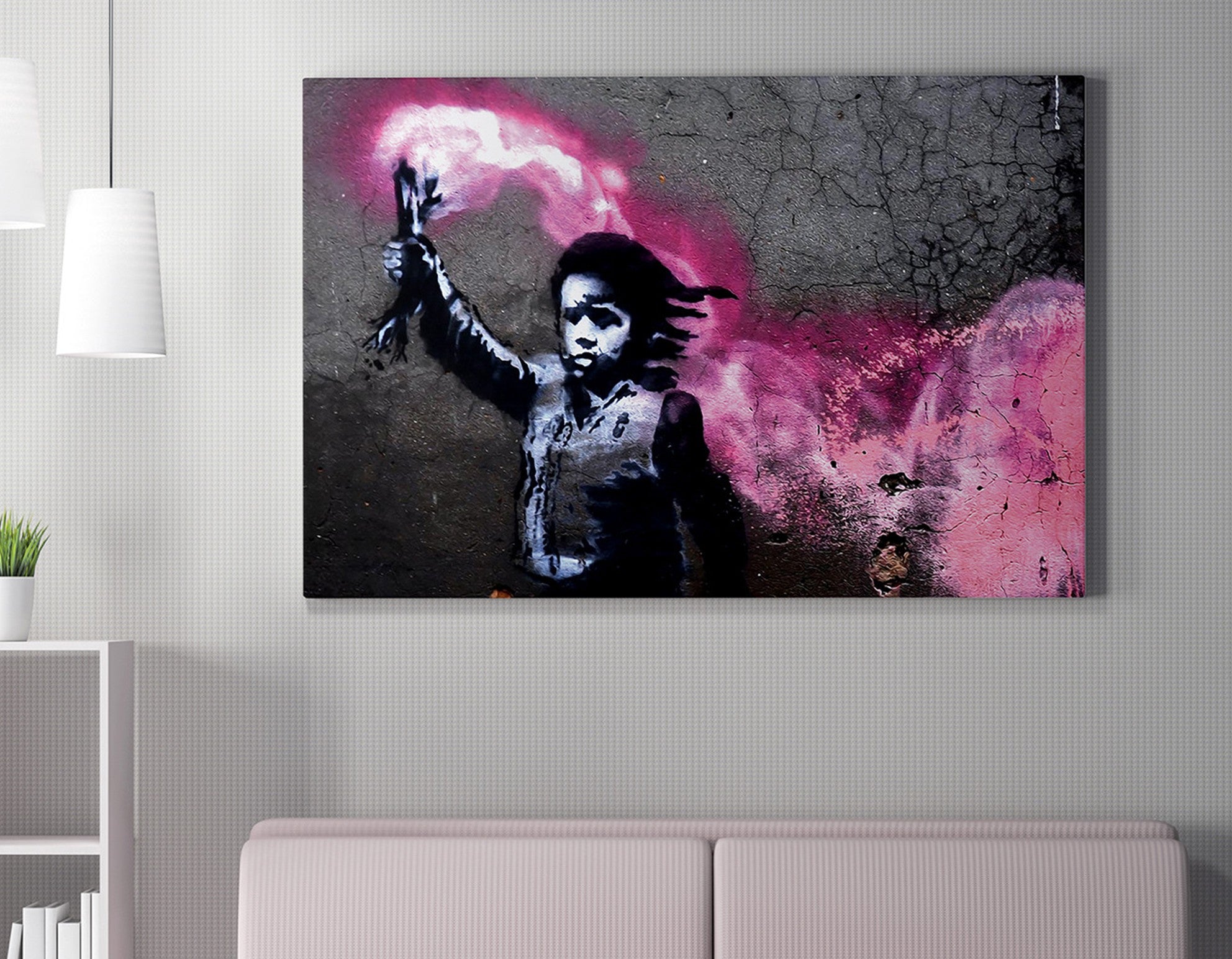 Impressionante tela decorativa de Banksy, 70 x 100 cm, 50% algodão/50% poliéster, emoldurada com moldura de madeira de 2 x 3 cm | Perfeito para decoração moderna