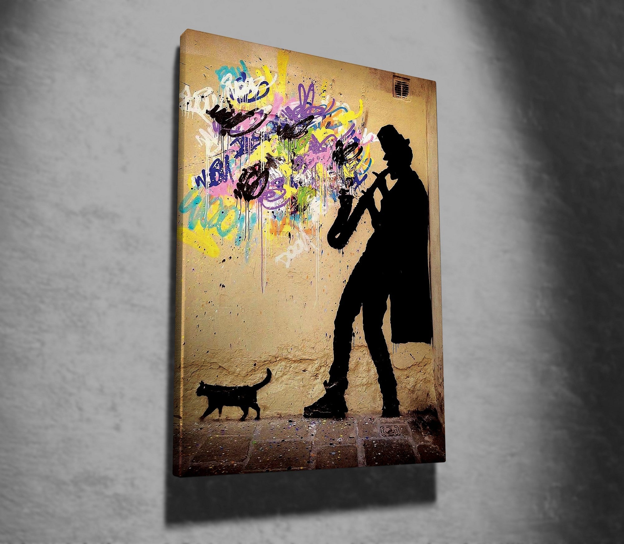 Impressionante tela decorativa de Banksy, 70 x 100 cm, 50% algodão/50% poliéster, emoldurada com moldura de madeira de 2 x 3 cm | Perfeito para decoração moderna