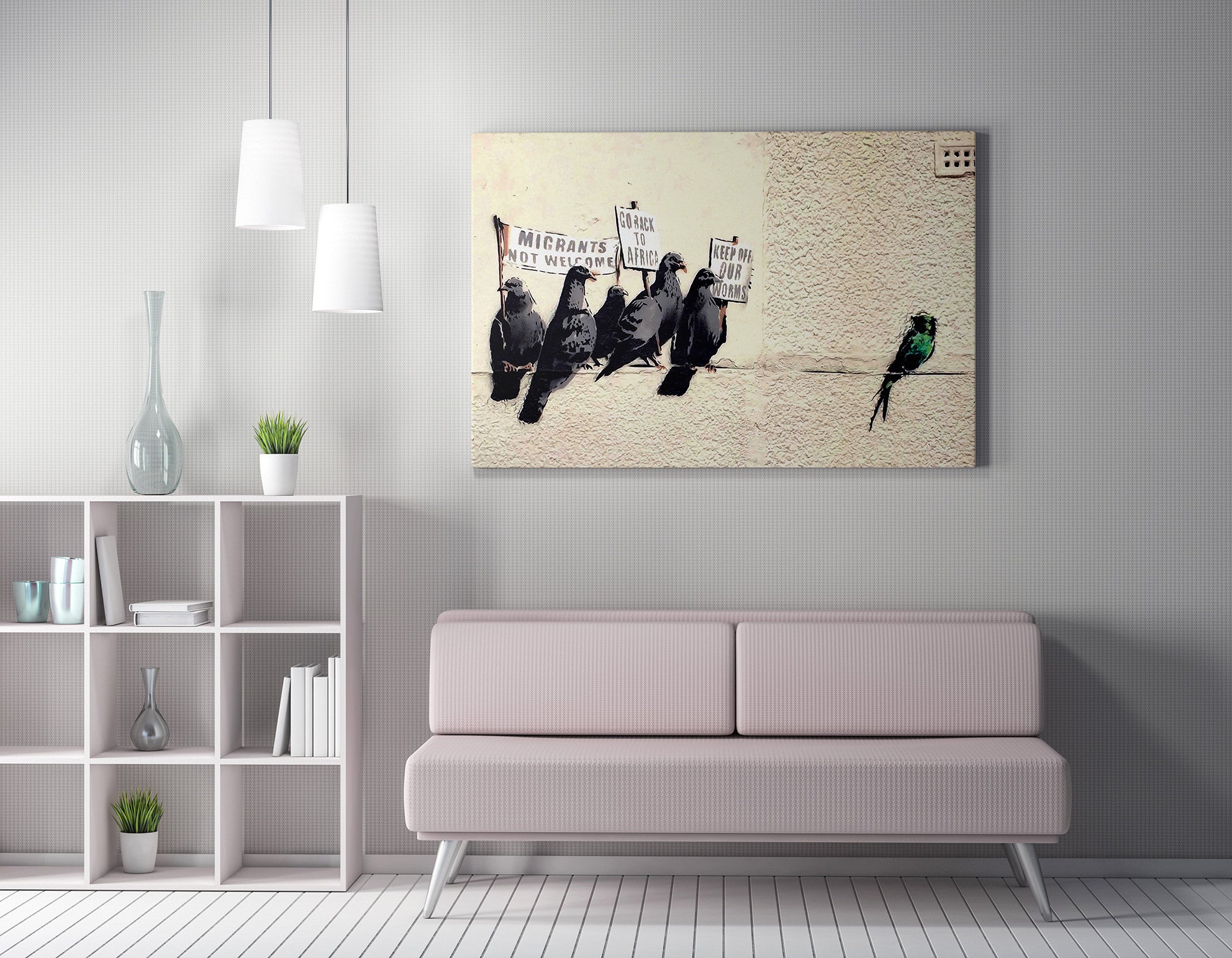 Impressionante tela decorativa de Banksy, 50 x 70 cm, 50% algodão/50% poliéster, emoldurada em madeira de 2 x 3 cm | Perfeito para amantes da arte moderna