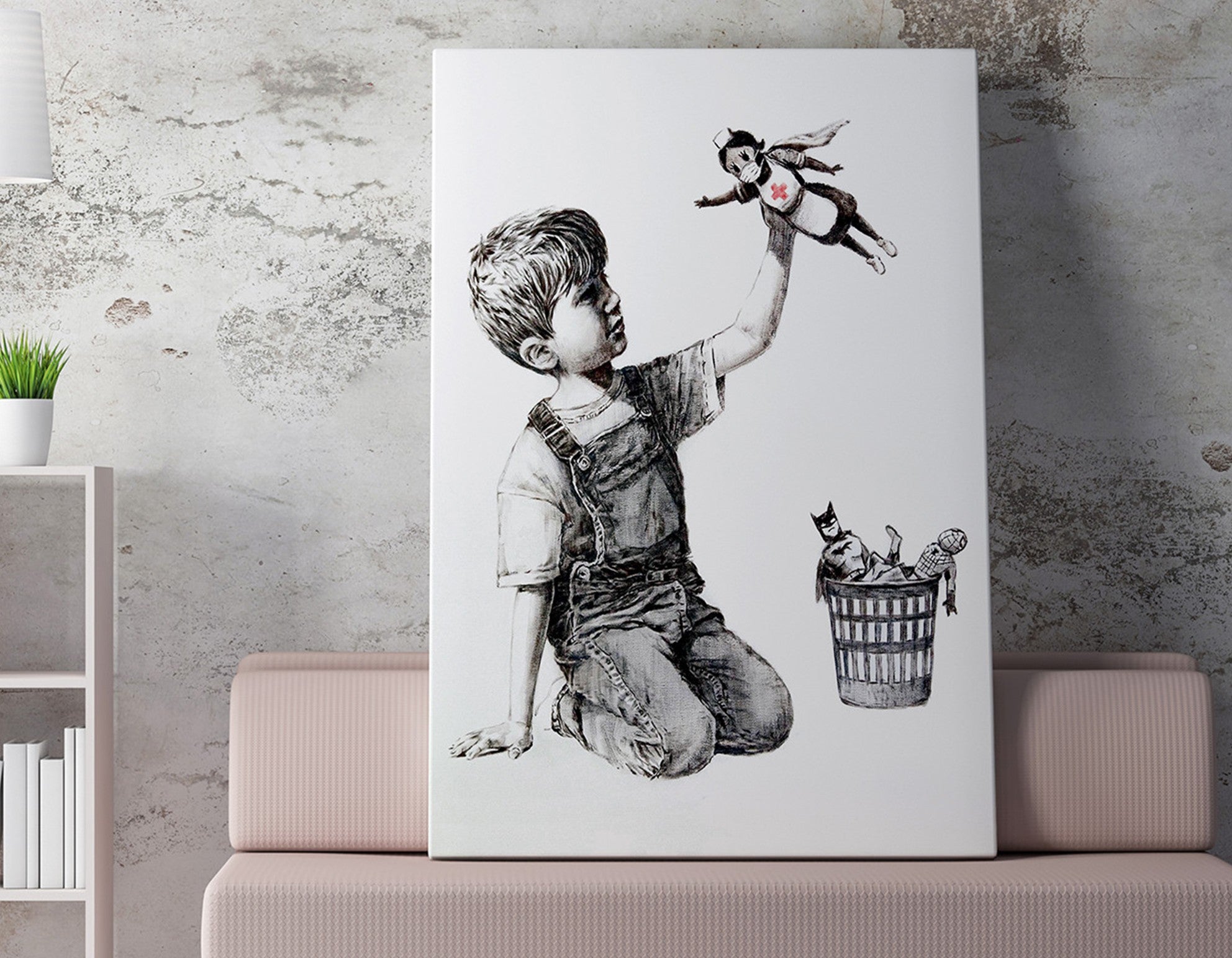 Impressionante tela decorativa de Banksy, 70 x 100 cm, 50% algodão/50% poliéster, emoldurada com moldura de madeira de 2 x 3 cm | Perfeito para decoração moderna