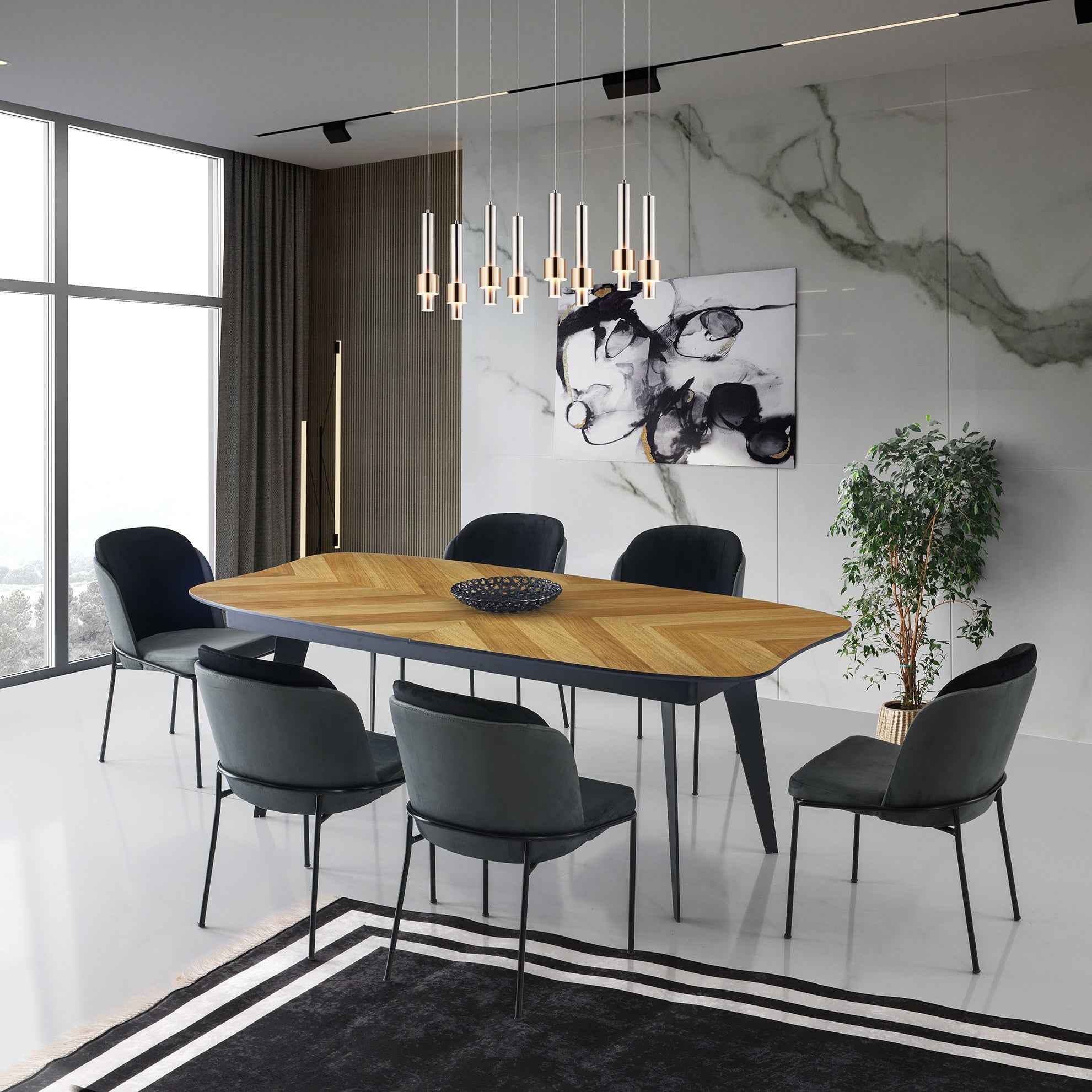 Mesa de jantar – 206+45+45 cm, 77 cm altura, 102 cm profundidade – Carvalho e Preto – MDF