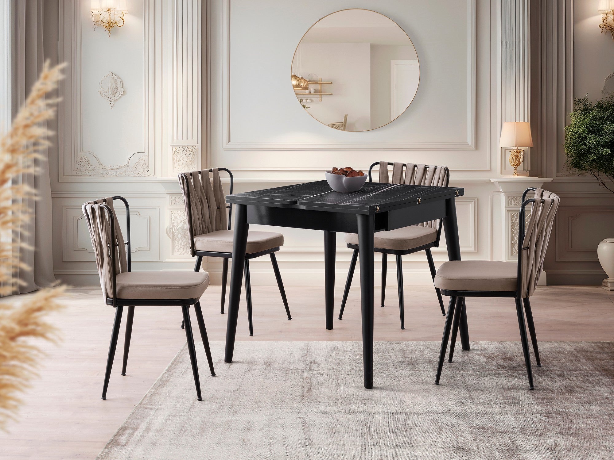 Mesa de Jantar Extensível – 80 x 75 x 80 cm (Aberta: 160 cm) – Mármore Preto – Painel de Partículas Revestido em Melamina