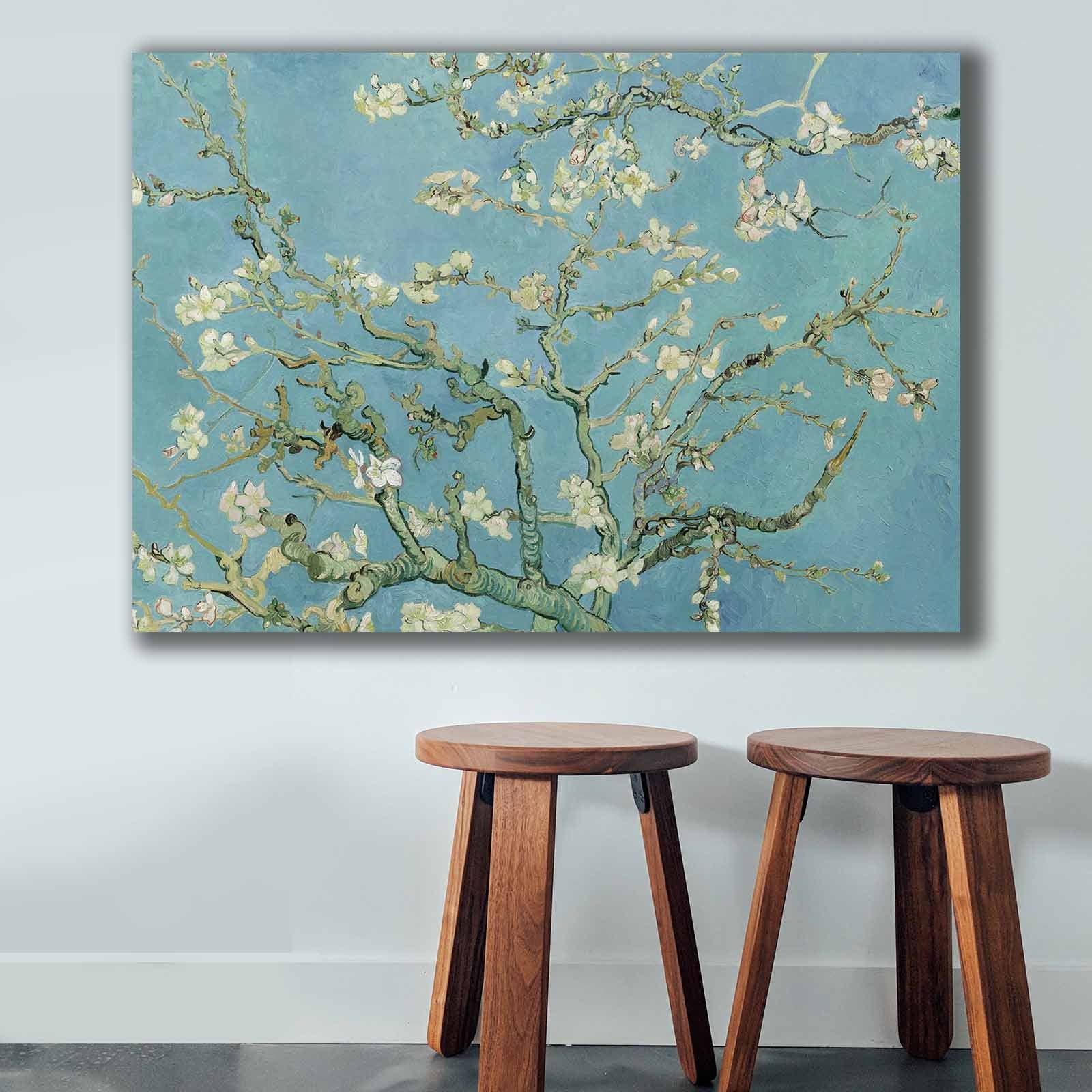 Pintura decorativa em tela "Flores de Amendoeira" de Vincent Van Gogh, 70 x 100 cm | 100% tela, 100% moldura de madeira (2,8 cm de espessura) | Arte elegante para decoração de casa
