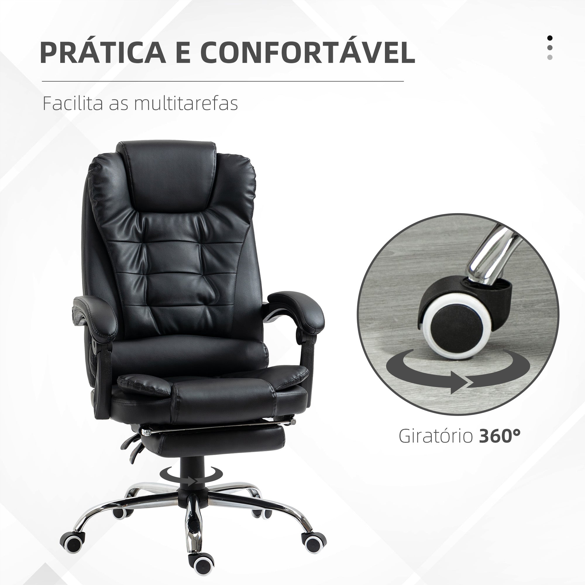 Cadeira de Escritório Reclinável – 64,5x69x109-117 cm – Preto – Couro sintético, espuma, metal, plástico