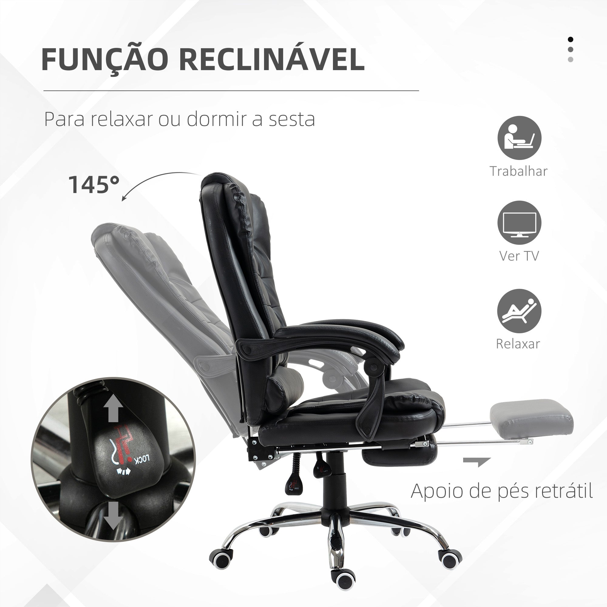 Cadeira de Escritório Reclinável – 64,5x69x109-117 cm – Preto – Couro sintético, espuma, metal, plástico