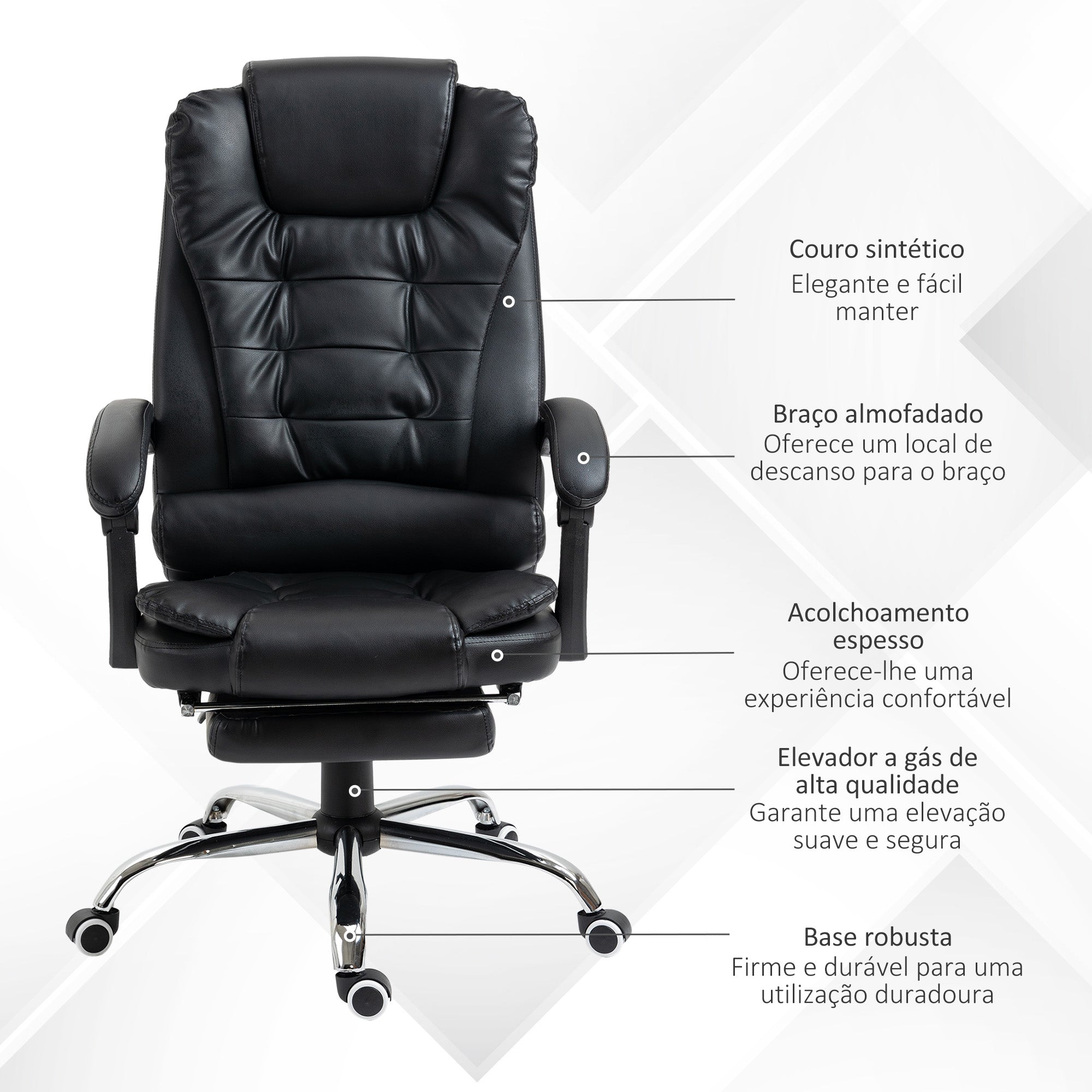 Cadeira de Escritório Reclinável – 64,5x69x109-117 cm – Preto – Couro sintético, espuma, metal, plástico