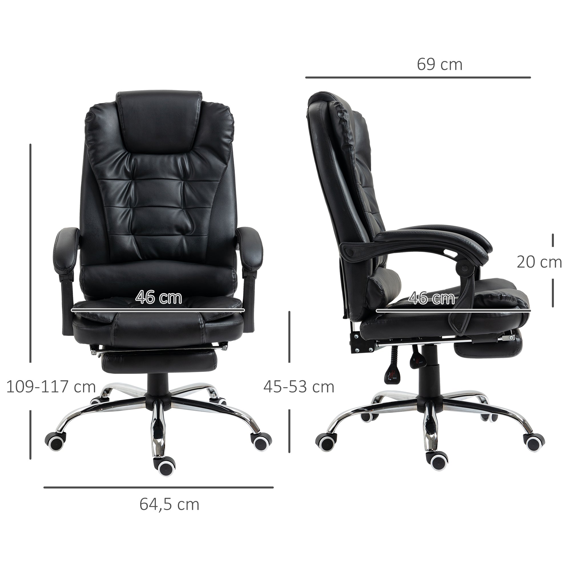 Cadeira de Escritório Reclinável – 64,5x69x109-117 cm – Preto – Couro sintético, espuma, metal, plástico