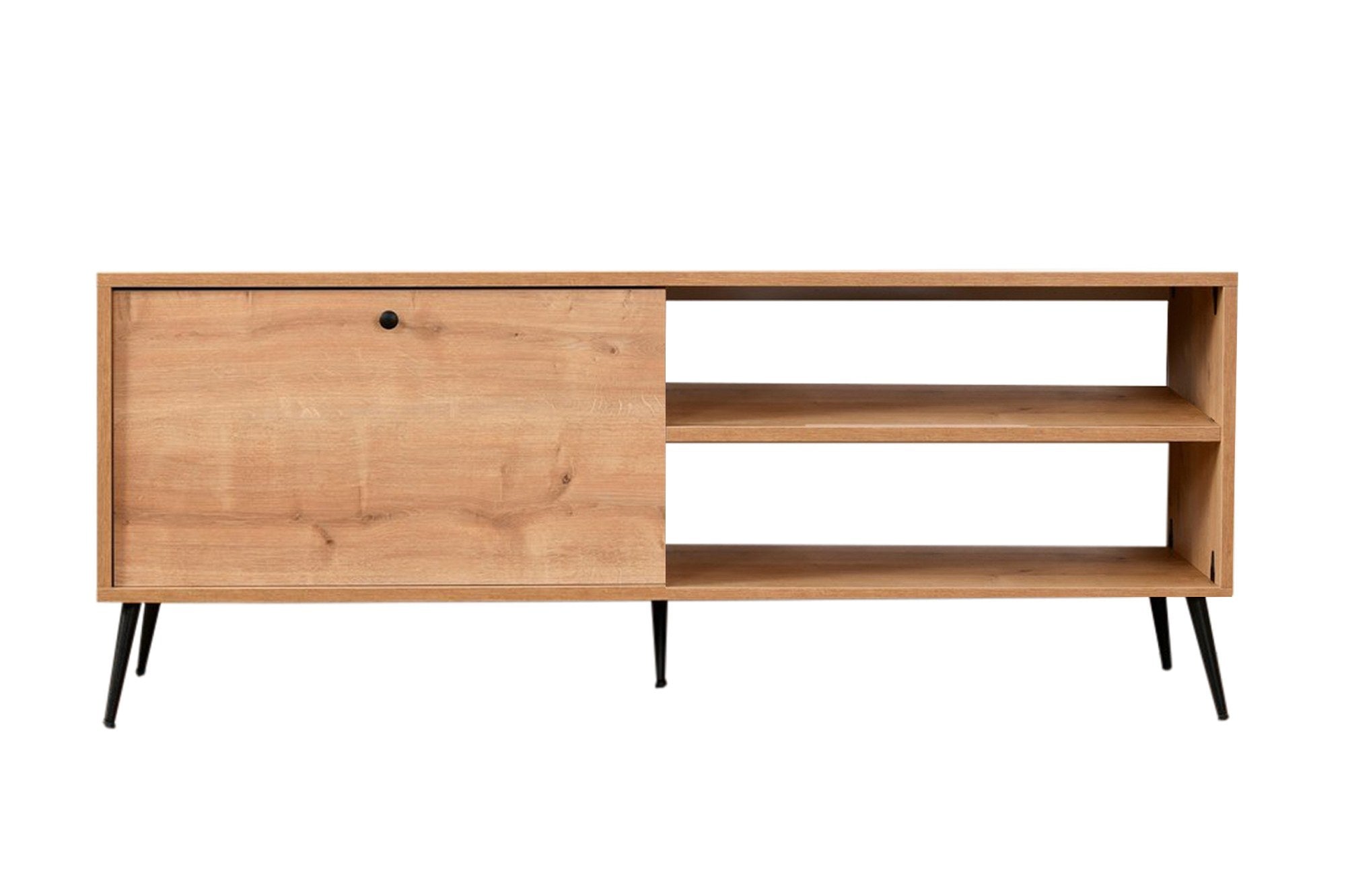 Móvel de TV elegante com pernas de metal, carvalho e preto, 138 x 30 x 55 cm | Painel de partículas 100% revestido de melamina | Design moderno para salas de estar e espaços de entretenimento