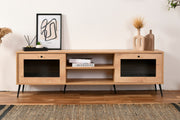 Móvel de TV elegante com pernas de metal, carvalho e preto, 180 x 55 x 40 cm | Painel de partículas 100% revestido de melamina | Design moderno para salas de estar e espaços de entretenimento