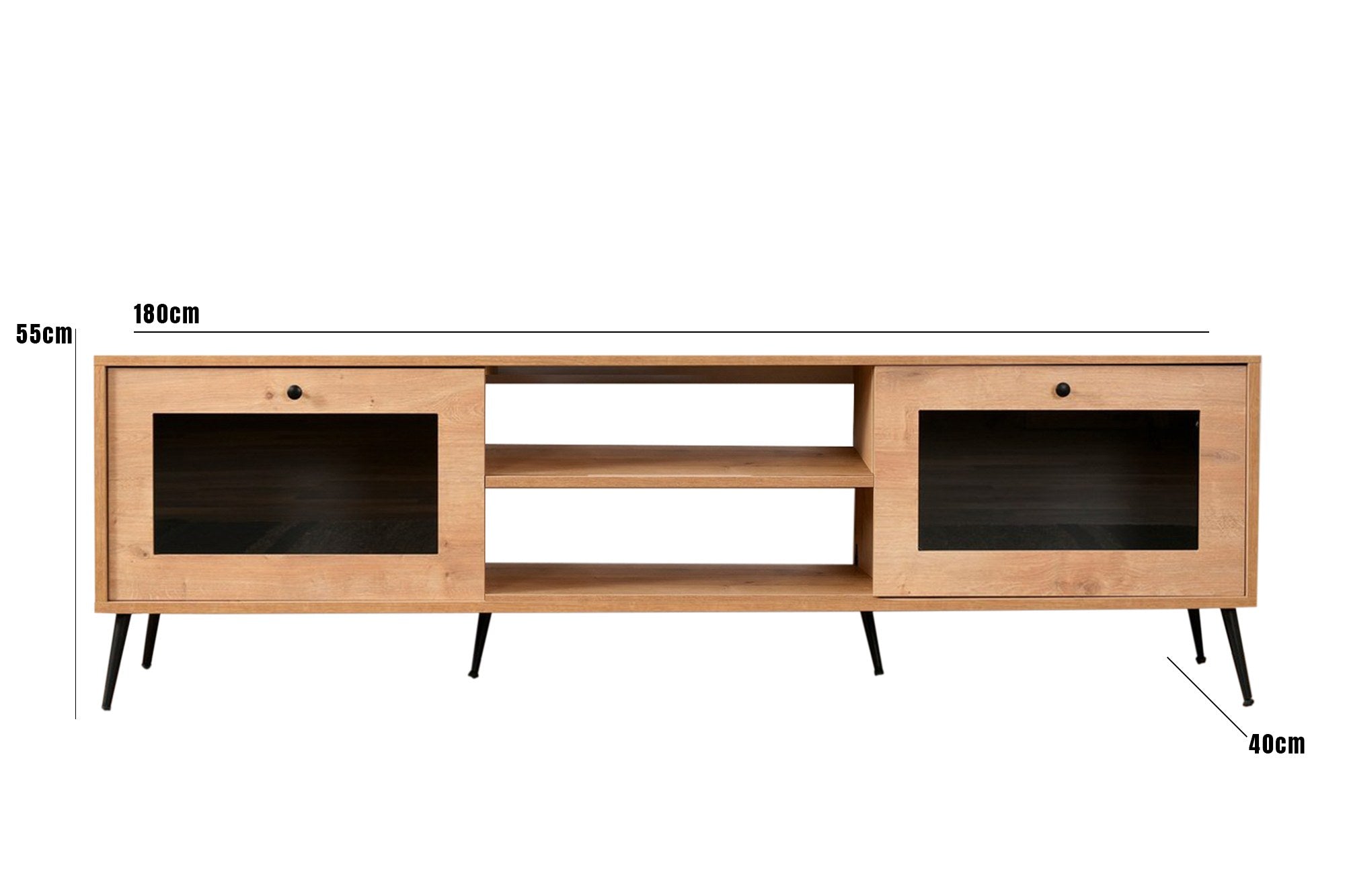 Móvel de TV elegante com pernas de metal, carvalho e preto, 180 x 55 x 40 cm | Painel de partículas 100% revestido de melamina | Design moderno para salas de estar e espaços de entretenimento