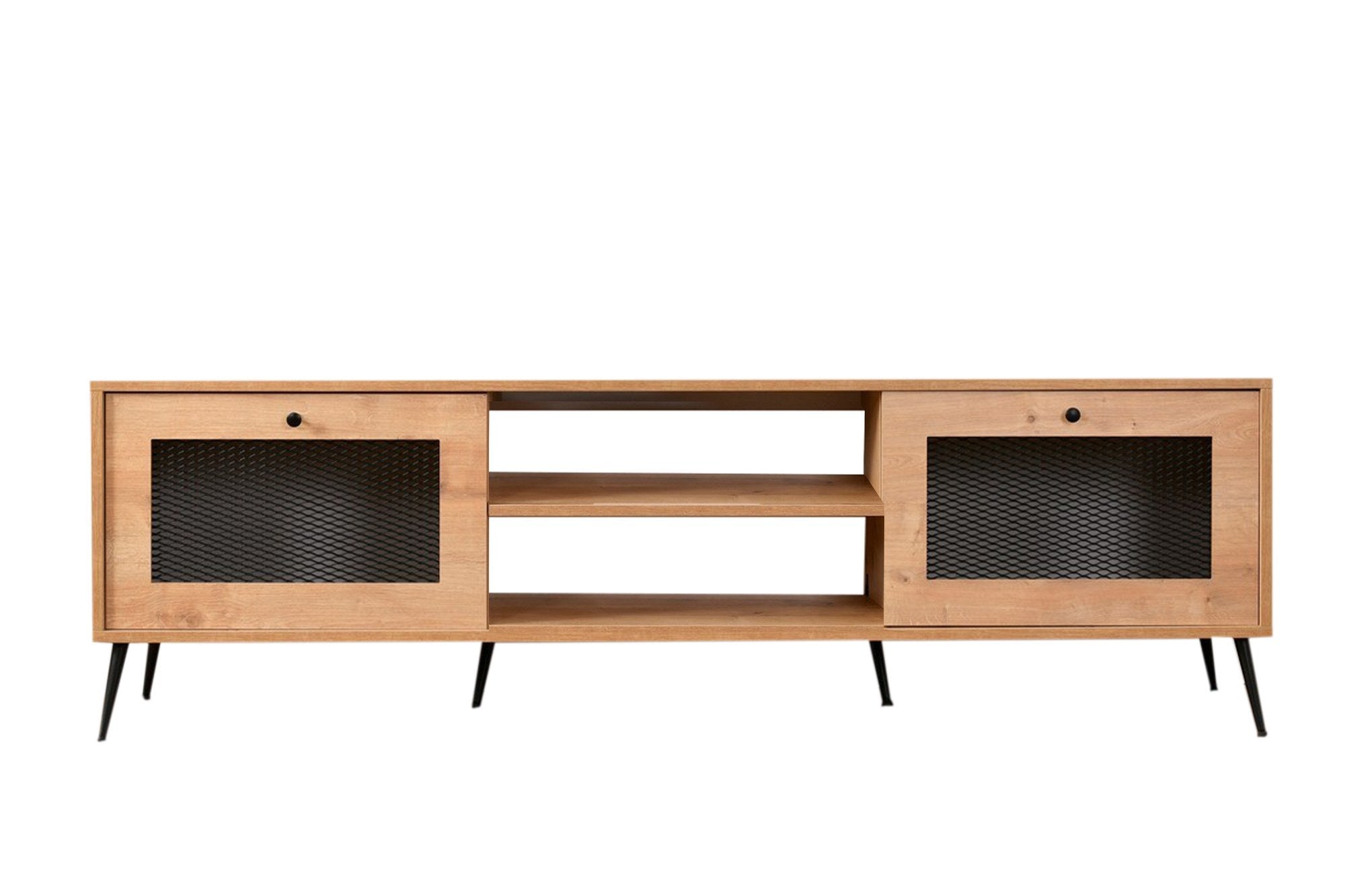 Móvel de TV elegante, carvalho e preto, 180 x 55 x 30 cm | Painel de partículas 100% revestido de melamina, portas de MDF e arame metálico, pernas de metal resistentes | Design moderno para sala de estar