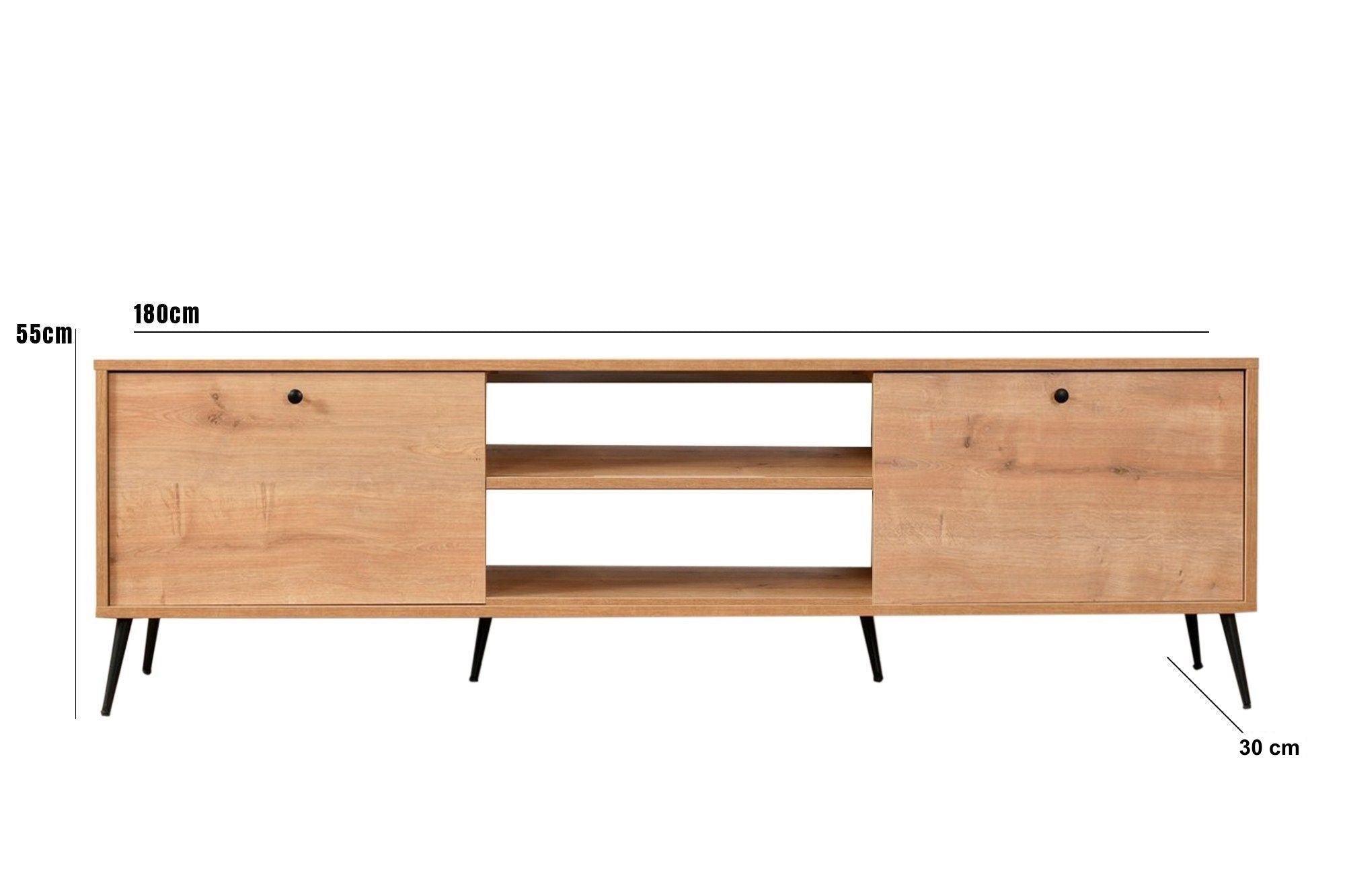 Móvel de TV elegante com pernas de metal, carvalho e preto, 180 x 55 x 30 cm | Painel de partículas 100% revestido de melamina | Design moderno para salas de estar e espaços de entretenimento