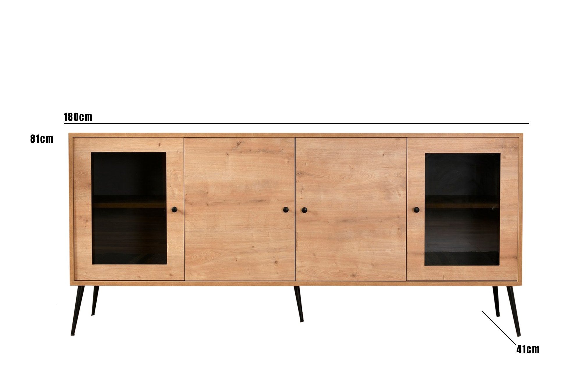 Aparador Elegante, Carvalho e Preto, 180 x 81 x 41 cm | Painel de Partículas 100% Revestido em Melamina, Pés de Metal, 20 cm de Altura | Perfeita para Espaços Modernos