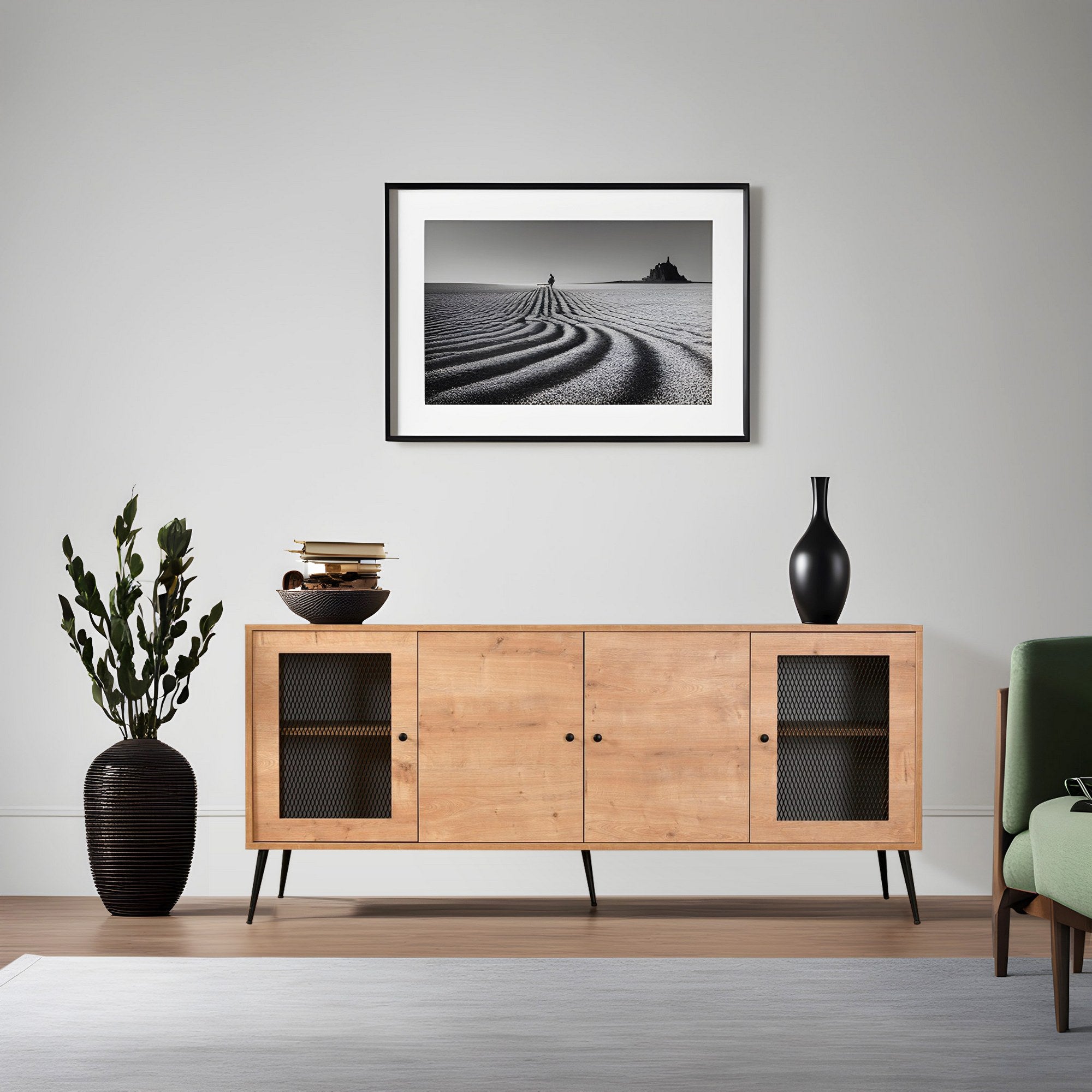 Aparador Elegante, Carvalho e Preto, 180 x 81 x 35 cm | Painel de Partículas 100% Revestido em Melamina, MDF e Portas de Arame Metálico, Pernas de Metal Resistente | Design Moderno para Sala de Estar