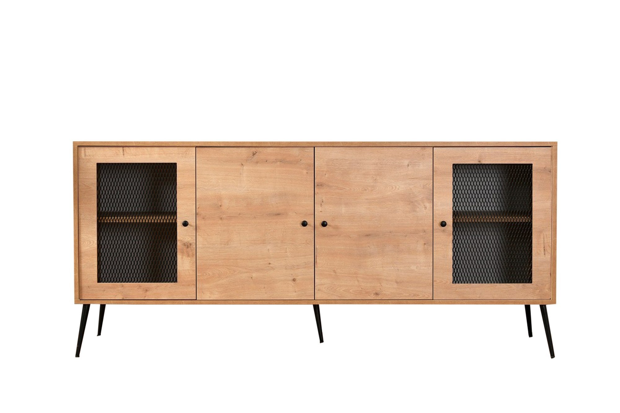 Aparador Elegante, Carvalho e Preto, 180 x 81 x 35 cm | Painel de Partículas 100% Revestido em Melamina, MDF e Portas de Arame Metálico, Pernas de Metal Resistente | Design Moderno para Sala de Estar