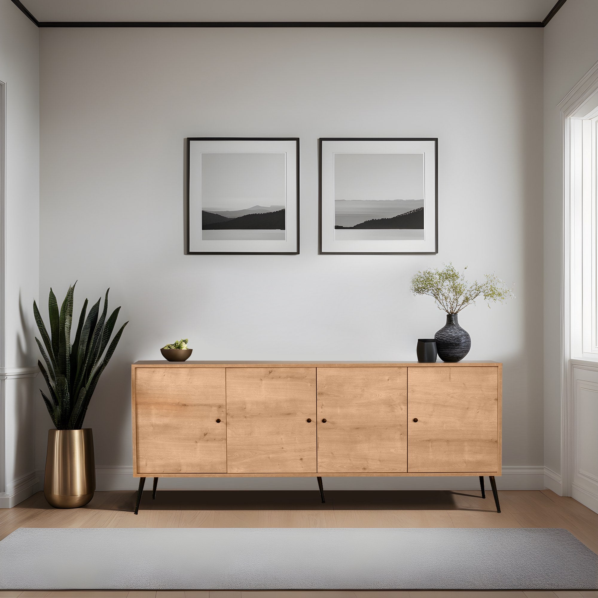 Aparador Elegante, Carvalho e Preto, 180 x 81 x 35 cm | Painel de Partículas 100% Revestido em Melamina, Pés de Metal, 20 cm de Altura | Perfeita para Espaços Modernos