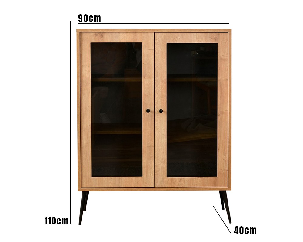 Aparador elegante com pernas de metal, carvalho e preto, 90 x 41 x 110 cm | Painel de partículas 100% revestido de melamina | Solução de armazenamento moderna para casa e escritório