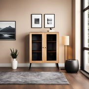 Aparador elegante em carvalho e preto, 90 x 35 x 110 cm | Painel de partículas 100% revestido em melamina, portas de MDF e arame metálico, pernas de metal resistentes | Solução de armazenamento moderna