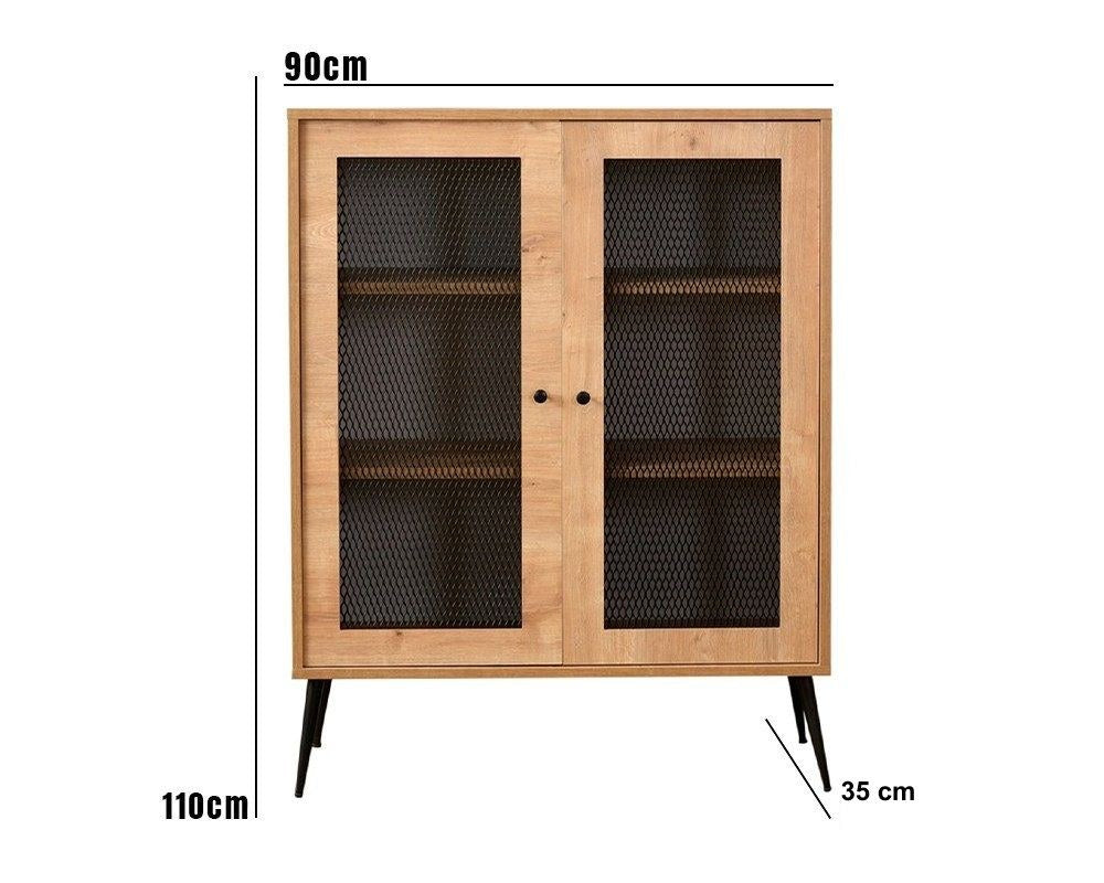 Aparador elegante em carvalho e preto, 90 x 35 x 110 cm | Painel de partículas 100% revestido em melamina, portas de MDF e arame metálico, pernas de metal resistentes | Solução de armazenamento moderna