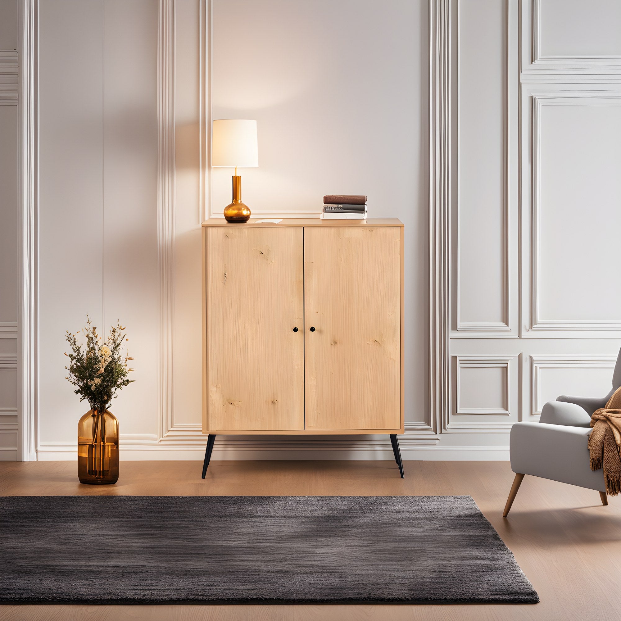 Aparador elegante com pernas de metal, carvalho e preto, 90 x 110 x 35 cm | Painel de partículas 100% revestido de melamina | Perfeito para salas de estar e jantar modernas