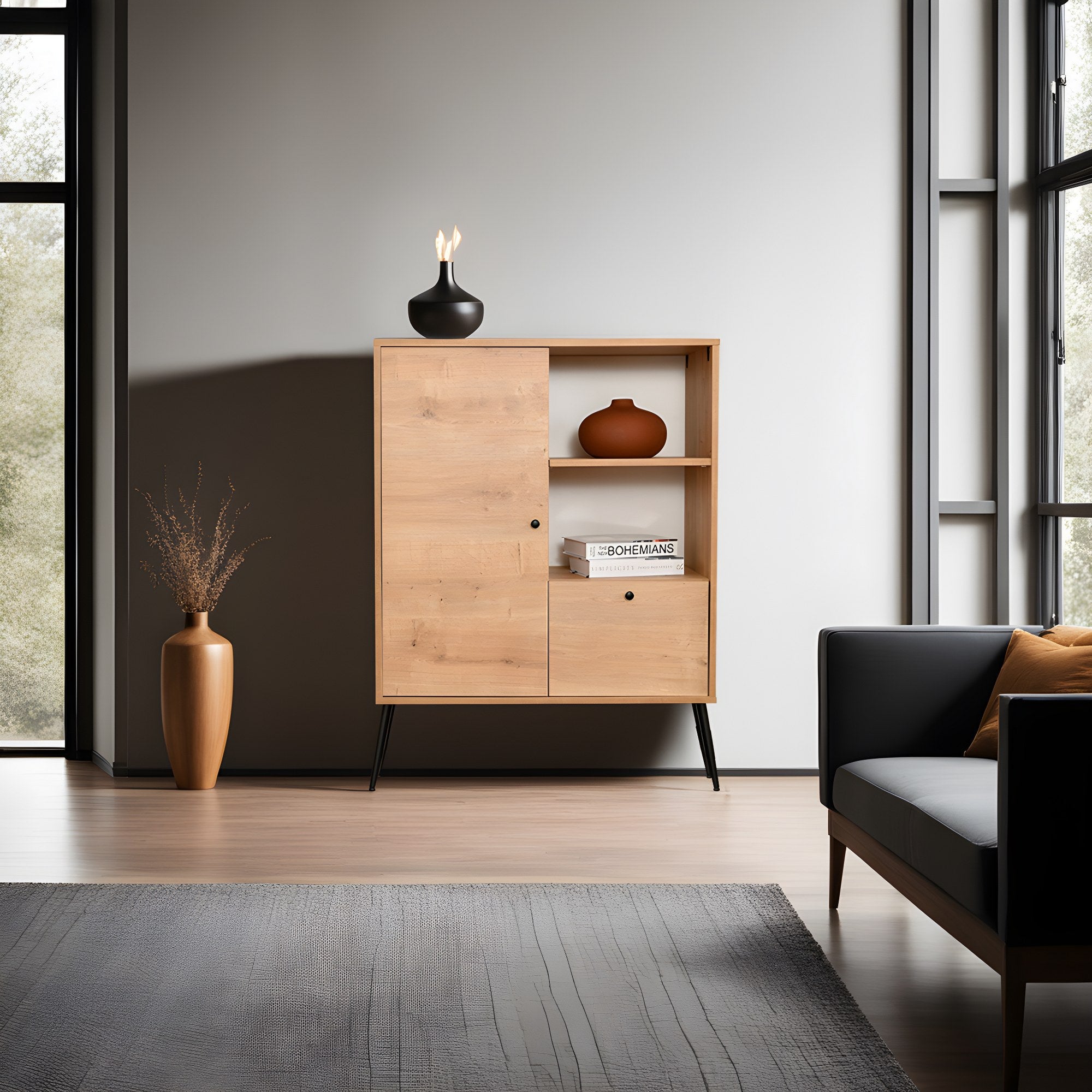 Armário multifuncional elegante, carvalho e preto, 90 x 35 x 110 cm | Painel de partículas 100% revestido de melamina, pernas de metal, 15 cm de altura | Ideal para armazenamento em casa e no escritório