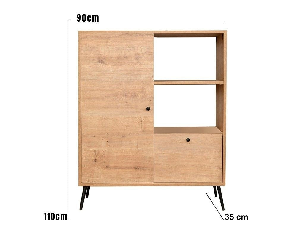 Armário multifuncional elegante, carvalho e preto, 90 x 35 x 110 cm | Painel de partículas 100% revestido de melamina, pernas de metal, 15 cm de altura | Ideal para armazenamento em casa e no escritório