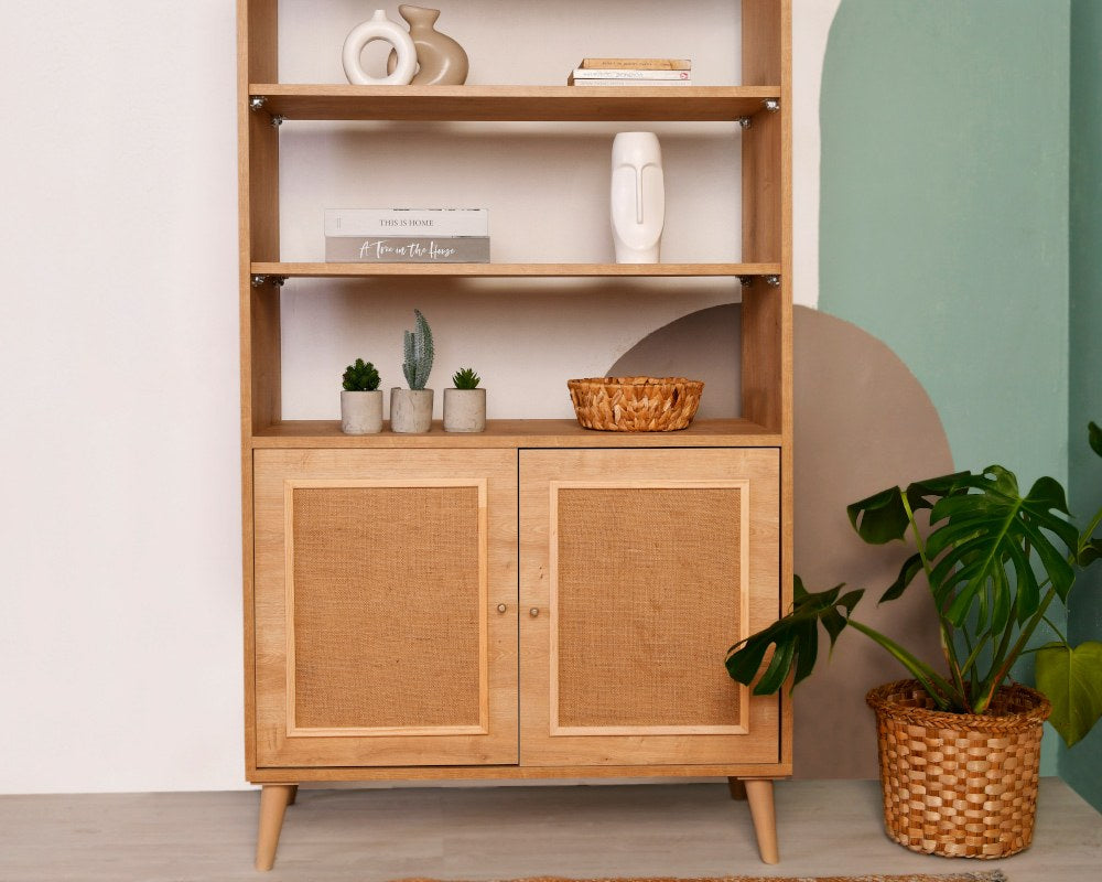 Estante elegante de carvalho, 40 cm x 90 cm x 110 cm | 100% madeira de carpa e tecido de juta | Design resistente, capacidade de 30 kg | Perfeita para casa e escritório