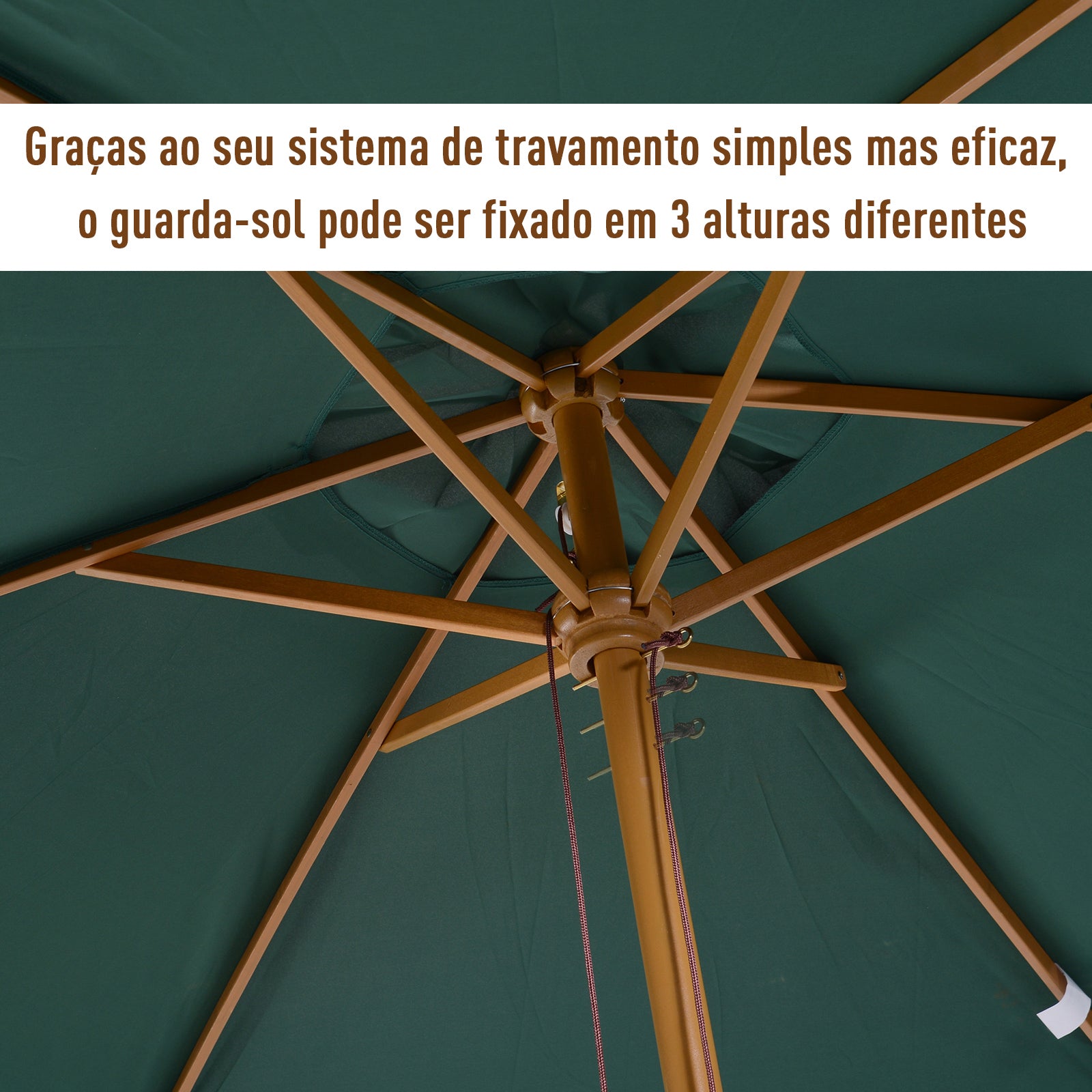 Chapéu de Sol Ø250x230cm Verde Escuro em Madeira com Sistema de Polia