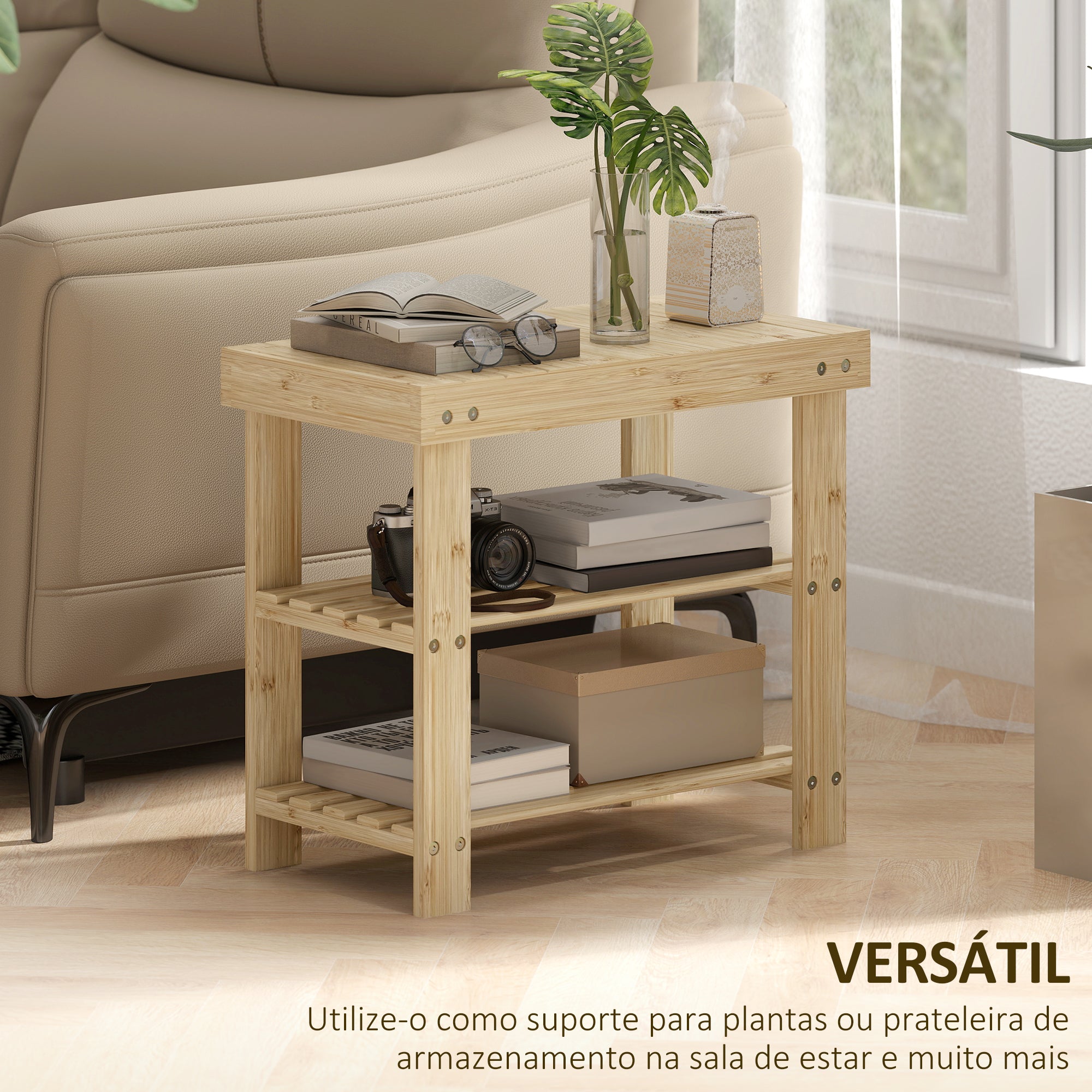 Banco Sapateira de Bambu com Assento 50x28x45 cm - Cor de Madeira Natural
