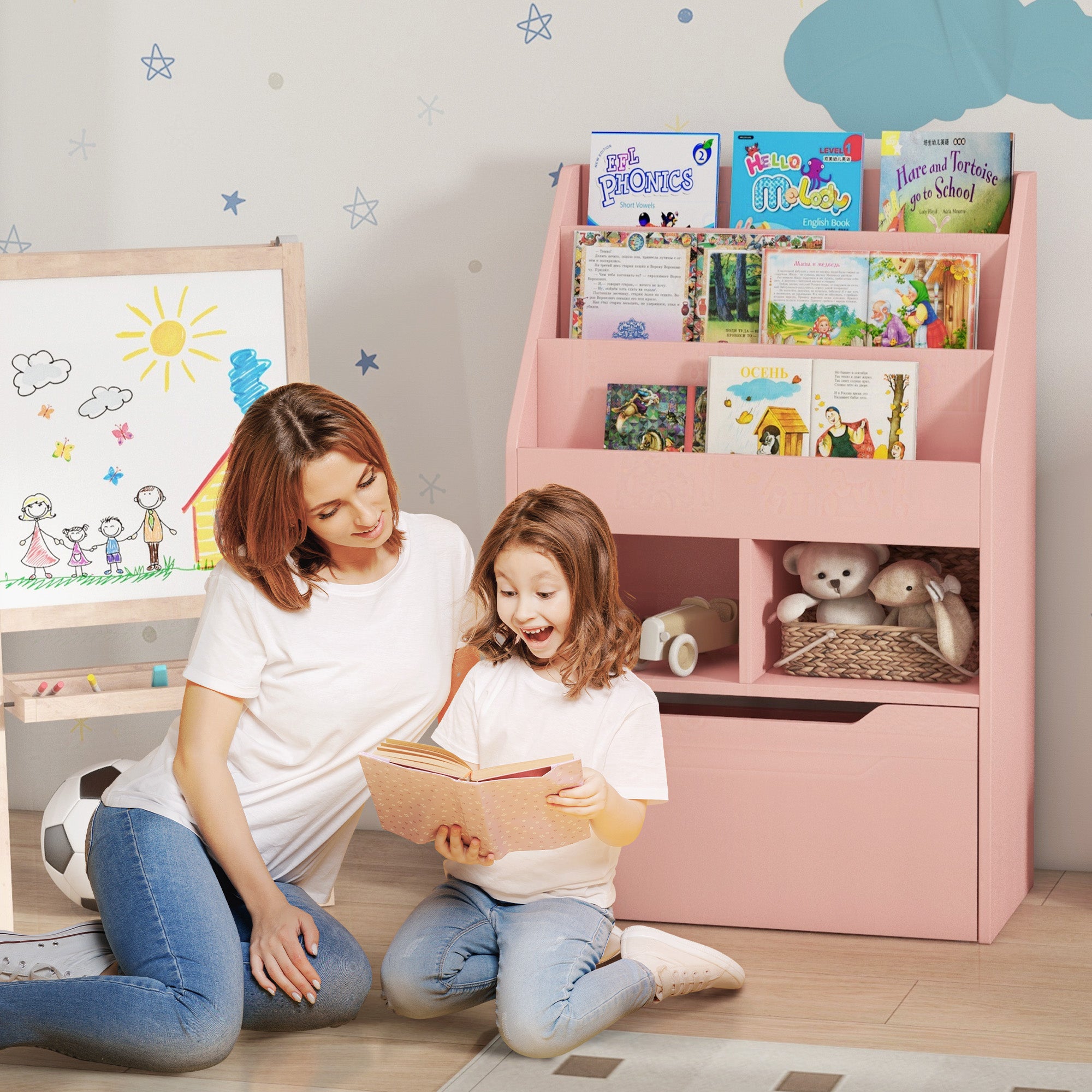 Estante de Madeira para Brinquedos com 3 Compartimentos 2 Prateleiras e Gaveta Móvel 60x29,9x90 cm - Rosa